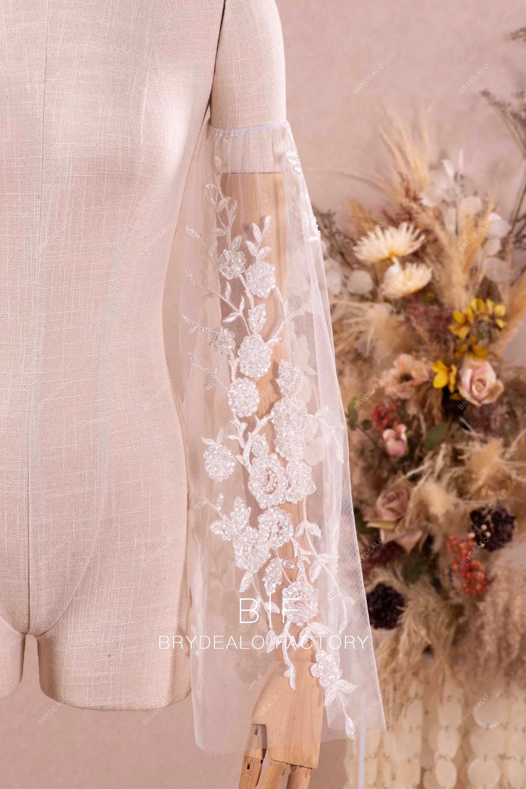 Removable Shimmery Flower Lace Bridal Bell Sleeves Online