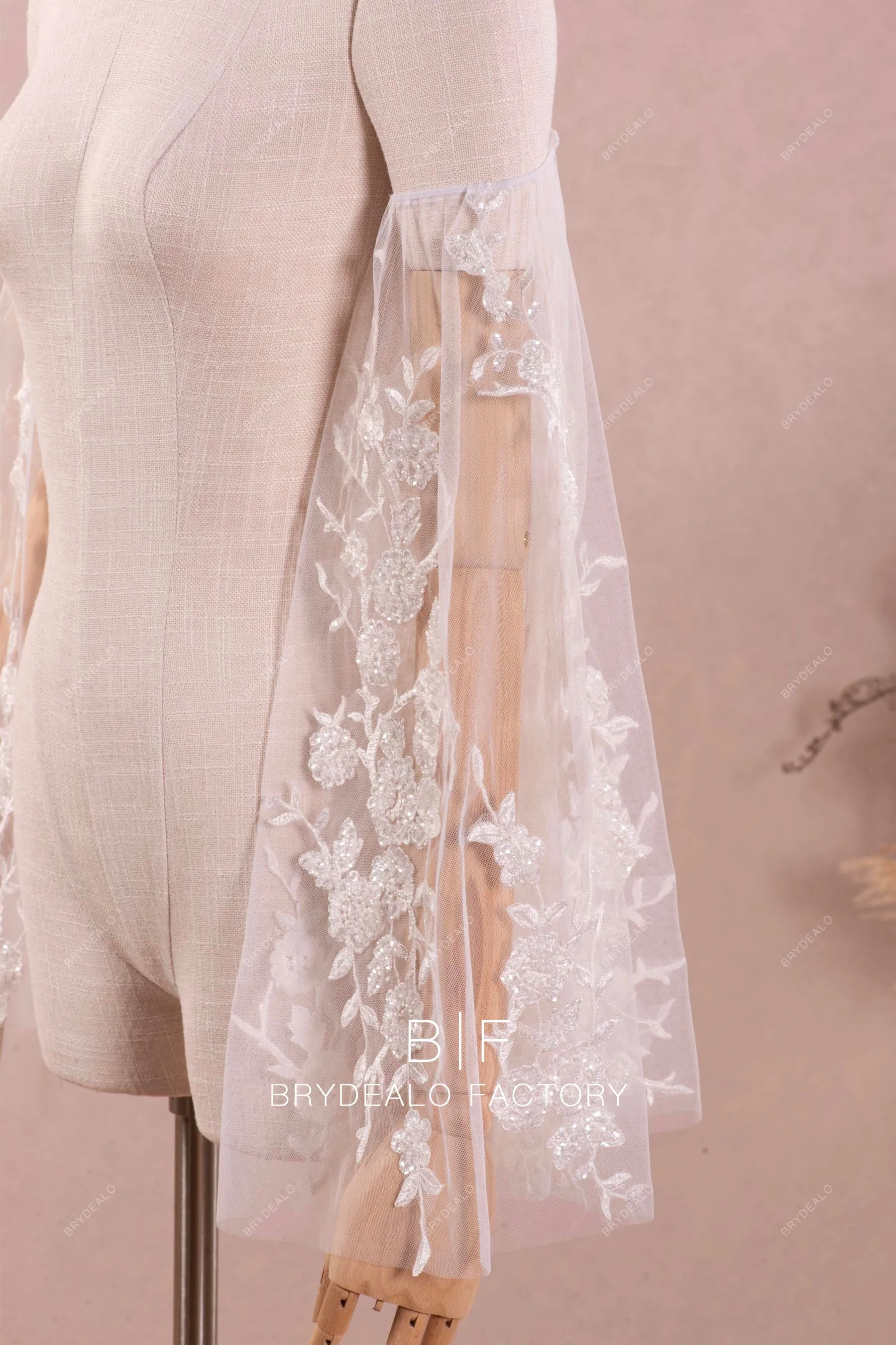 Removable Shimmery Flower Lace Bridal Bell Sleeves Online