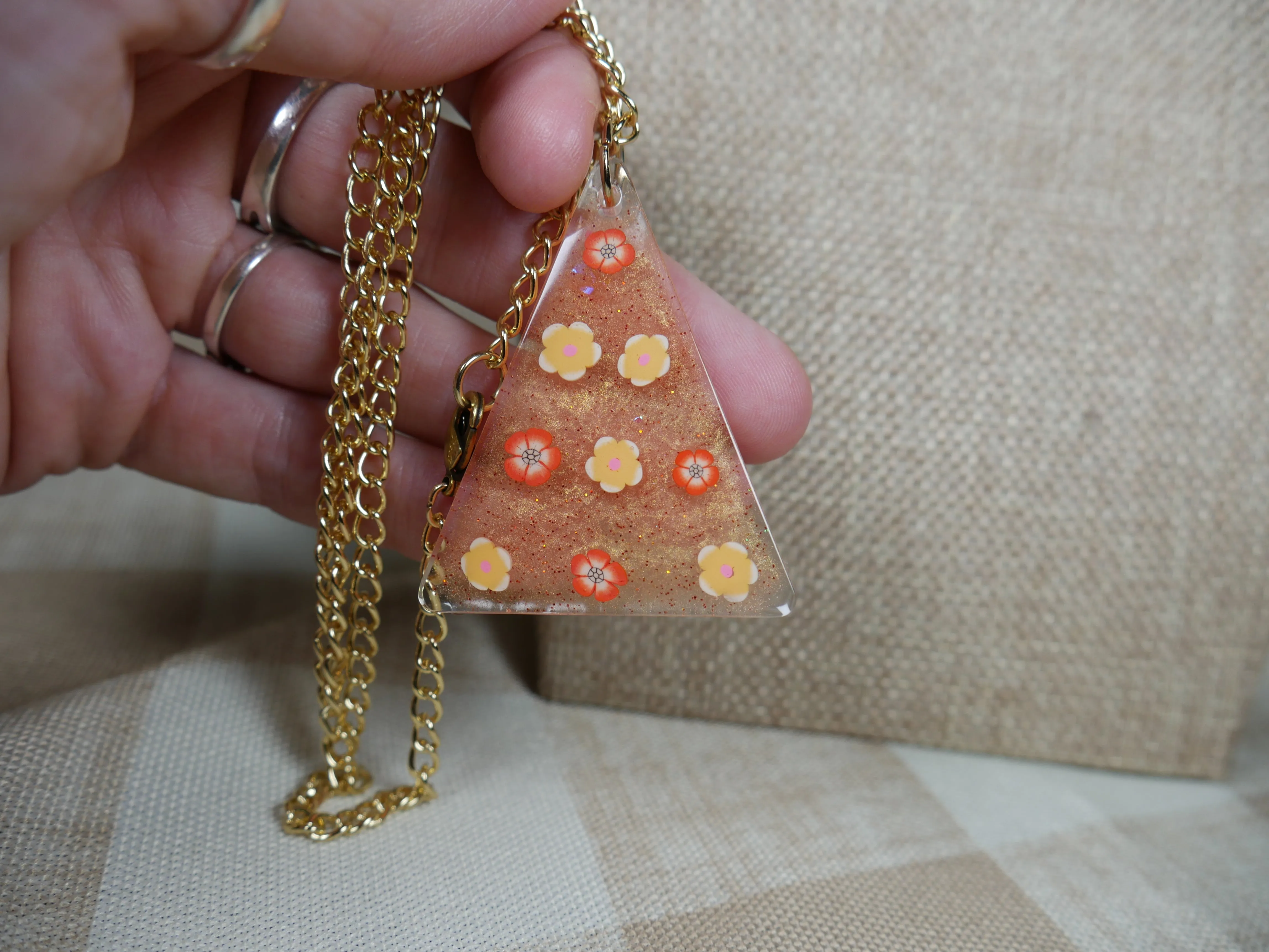 Resin Orange Flower Triangle Pendant Necklace