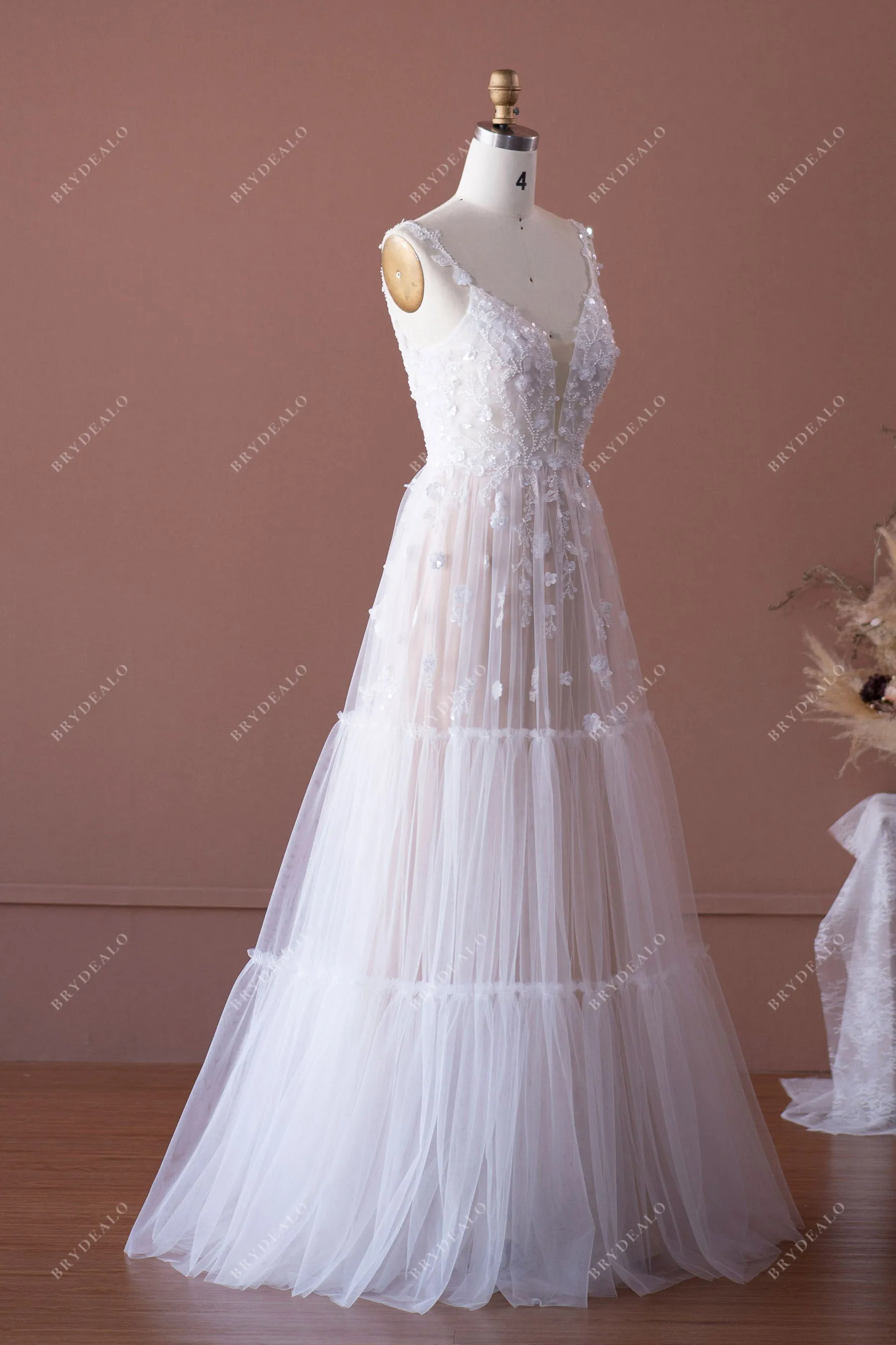 Romantic 3D Flower Lace Boho Tiered Floor Length Nude Wedding Dress