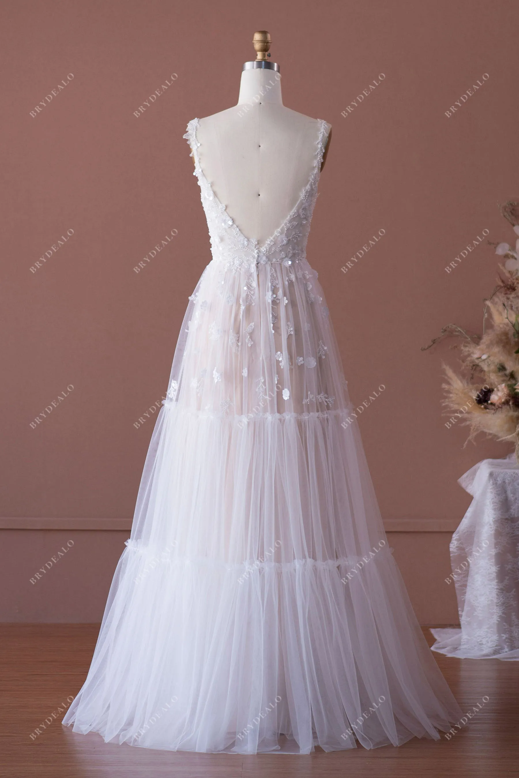 Romantic 3D Flower Lace Boho Tiered Floor Length Nude Wedding Dress