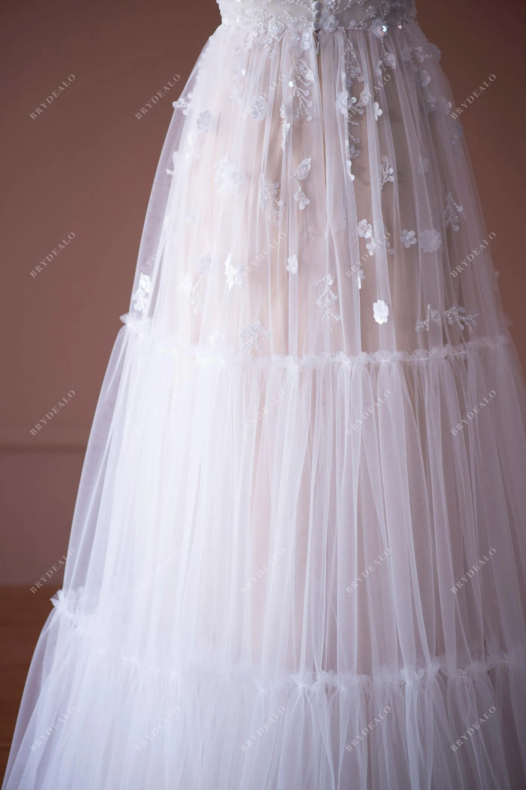 Romantic 3D Flower Lace Boho Tiered Floor Length Nude Wedding Dress