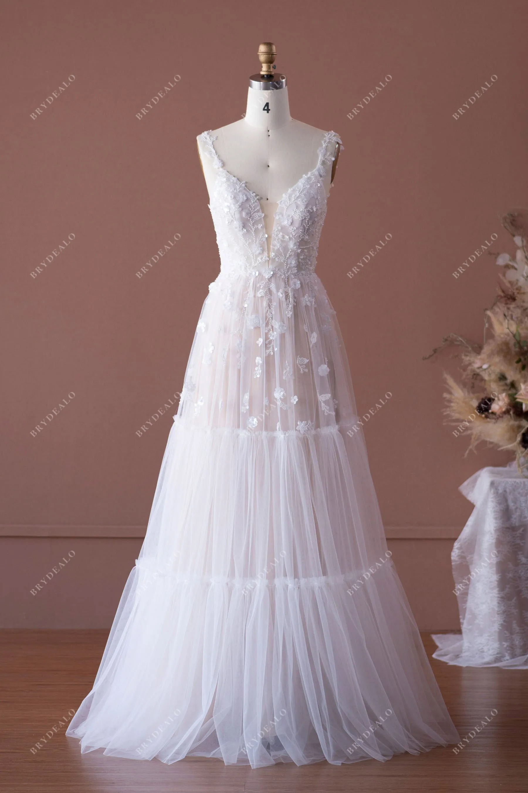 Romantic 3D Flower Lace Boho Tiered Floor Length Nude Wedding Dress