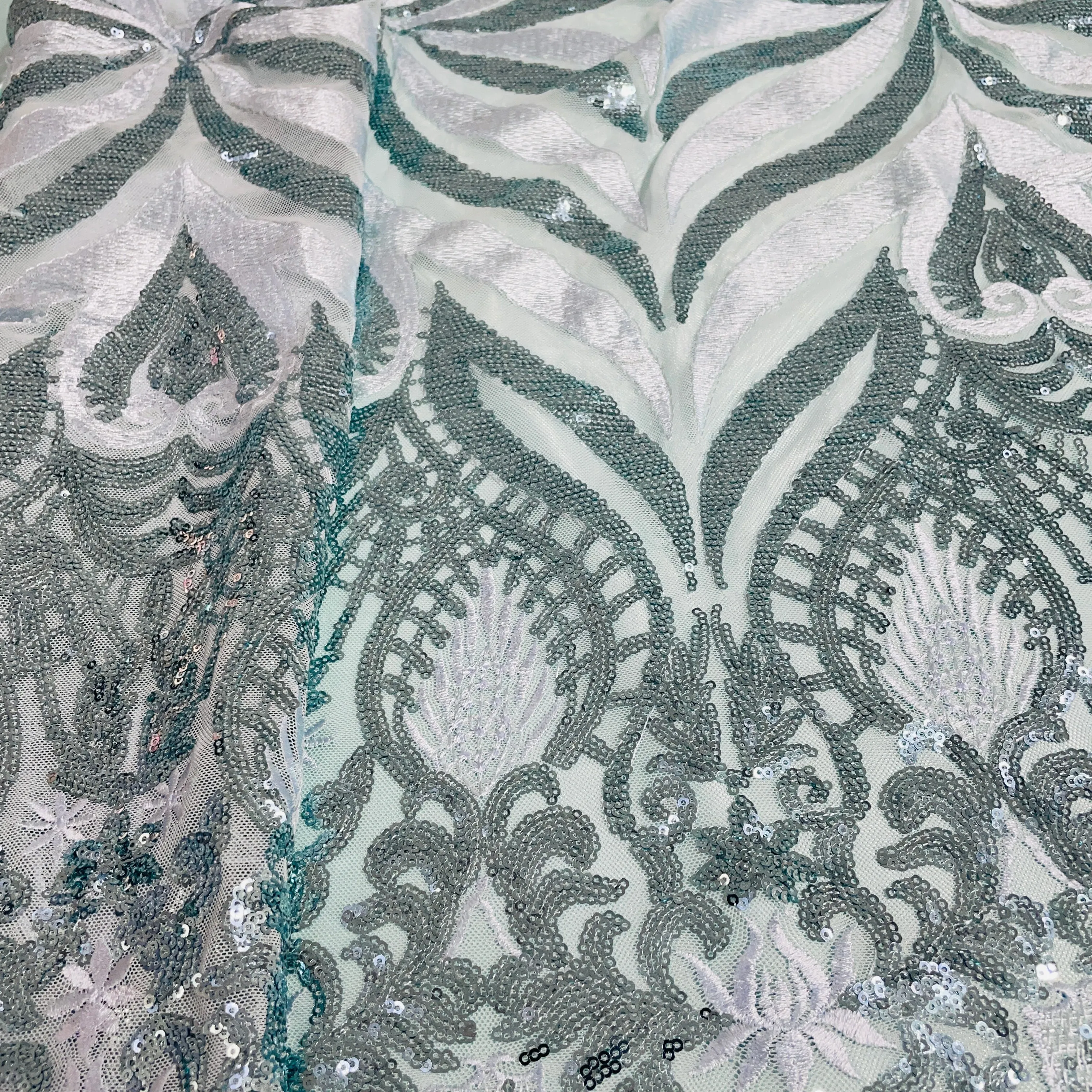 Sea Green with Sky Blue Floral Sequins Embroidery Net Imported Fabric