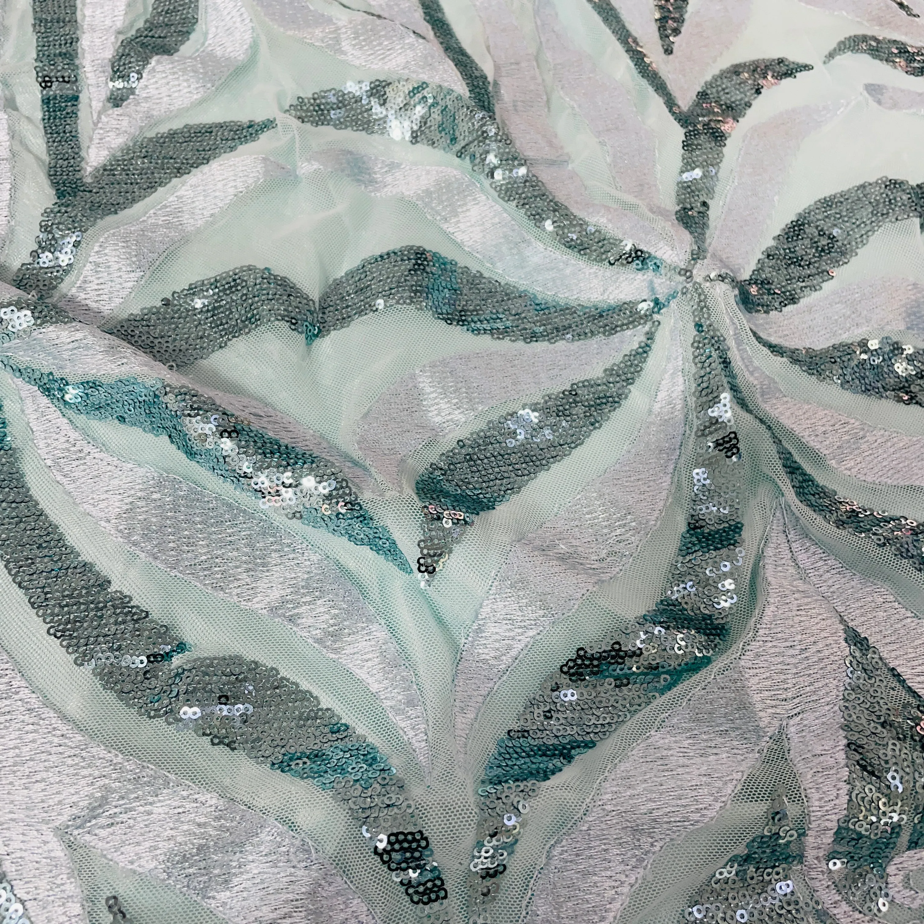 Sea Green with Sky Blue Floral Sequins Embroidery Net Imported Fabric