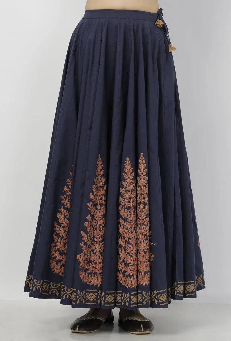 Set of 3: Indigo Blue Floral Hand-Block Printed Cotton Slip Blouse with Hand-Block Printed Tasseled Cotton kali Skirt and Floral Hand-Block Printed Kota Dupatta