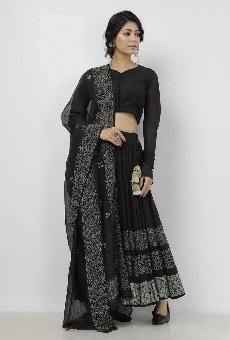 Set of 3: Kaani Black and White Hand-Block Printed Tasseled Kota Kali Skirt and Plain Black Full Sleeves Kota Blouse with Black and White Hand Block Printed Kota Dupatta