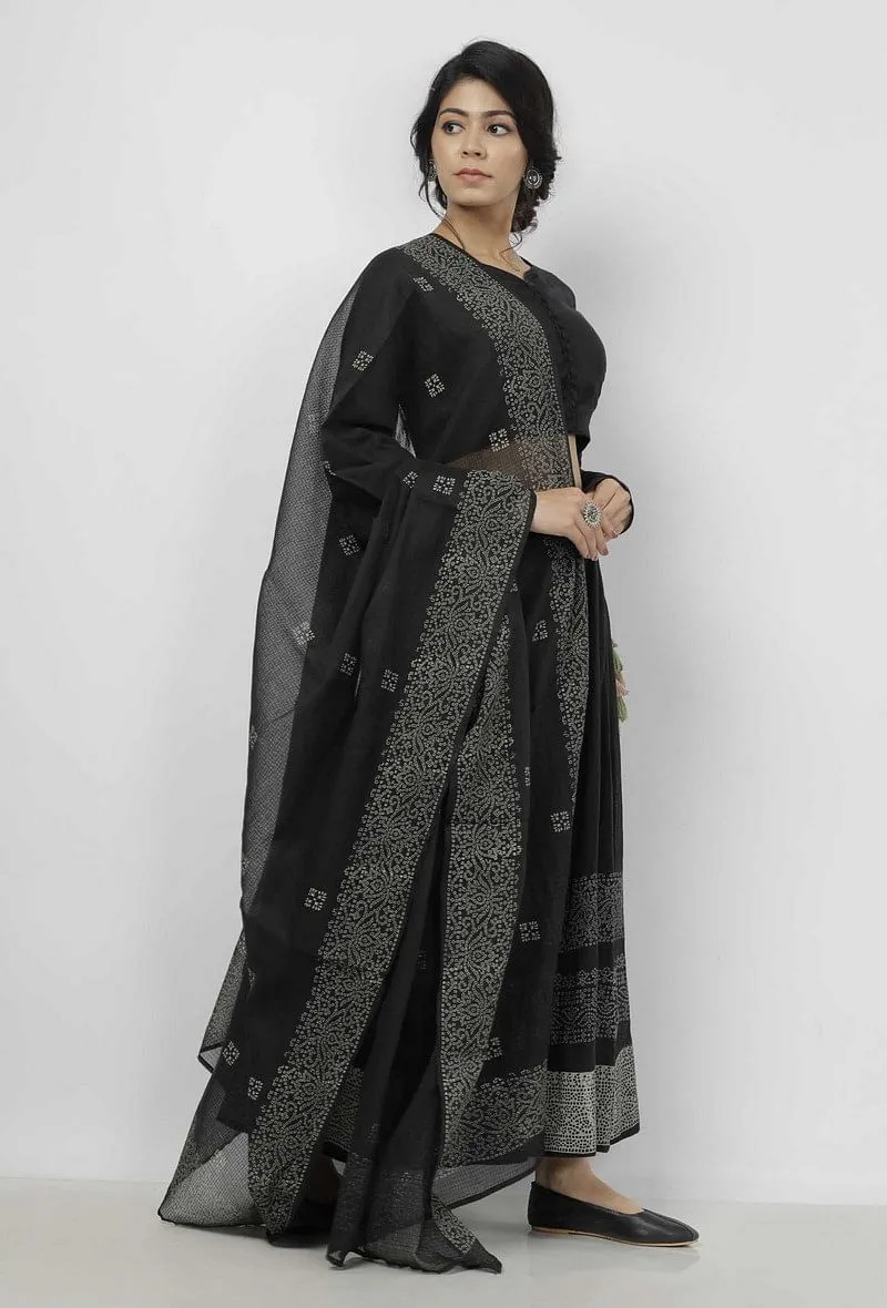 Set of 3: Kaani Black and White Hand-Block Printed Tasseled Kota Kali Skirt and Plain Black Full Sleeves Kota Blouse with Black and White Hand Block Printed Kota Dupatta