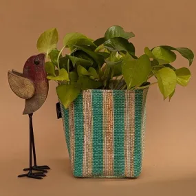 Shimmery Golden Green Striped Handwoven Upcycled Small Grow Pot (GPS1124-012) PS_W