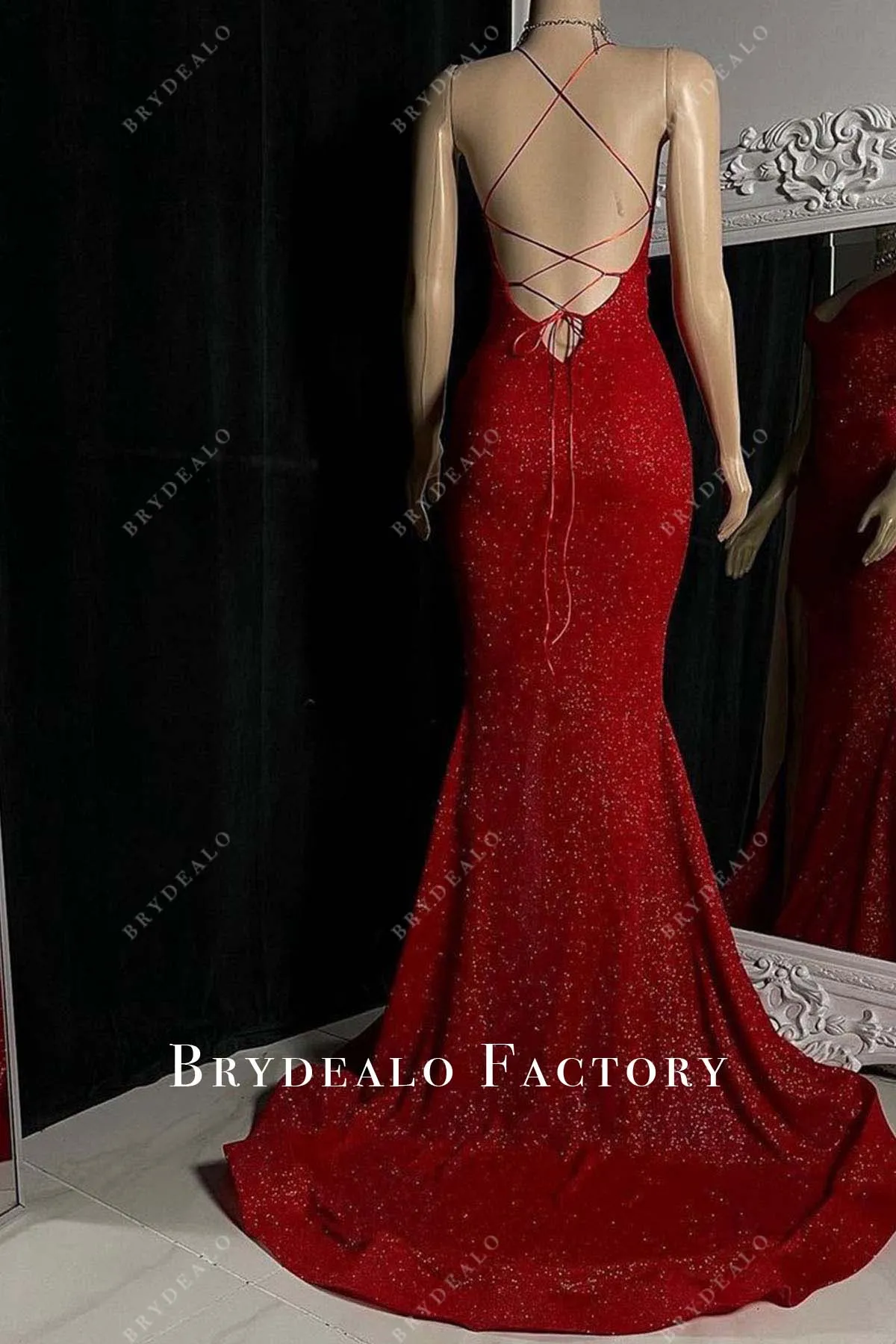 Shimmery Red Mermaid Slit Strappy Back Prom Dress