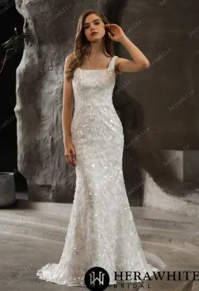 Shimmery Sequined Lace Square Neckline Wedding Dress