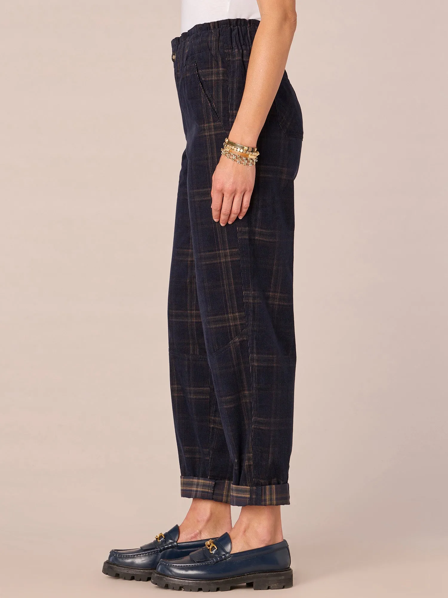 Skyrise Paper Bag Waist Roll Cuff Plaid Barrel Leg Pant