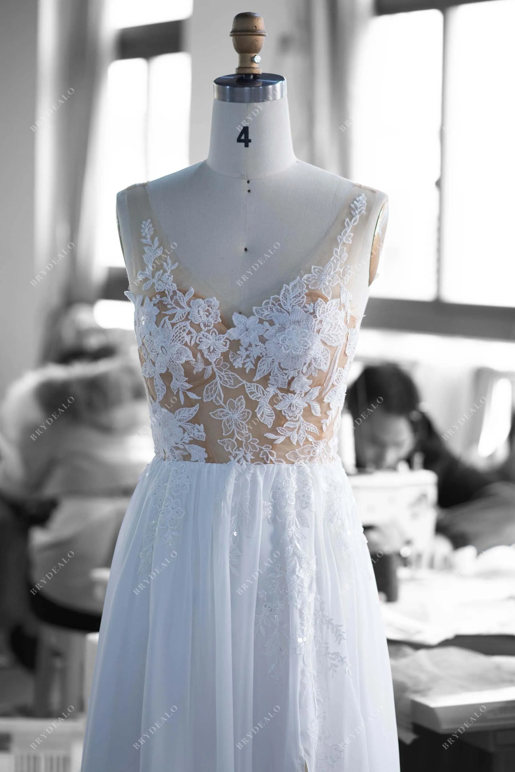 Sleeveless Beaded Illusion Neck Lace Chiffon Boho Bridal Dress