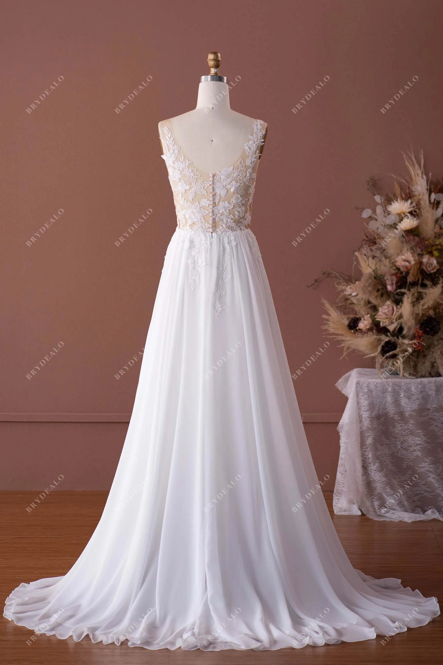 Sleeveless Beaded Illusion Neck Lace Chiffon Boho Bridal Dress