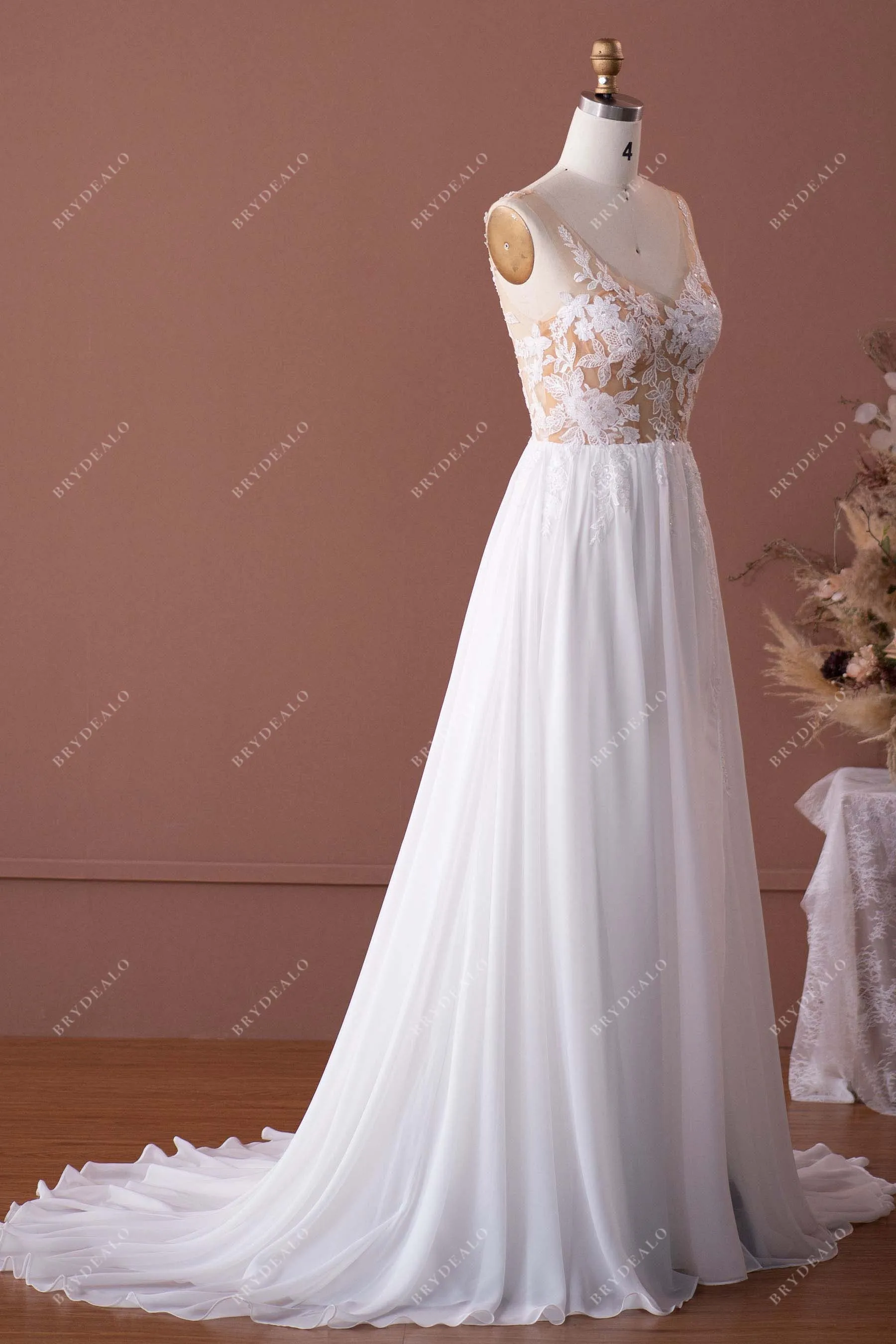 Sleeveless Beaded Illusion Neck Lace Chiffon Boho Bridal Dress