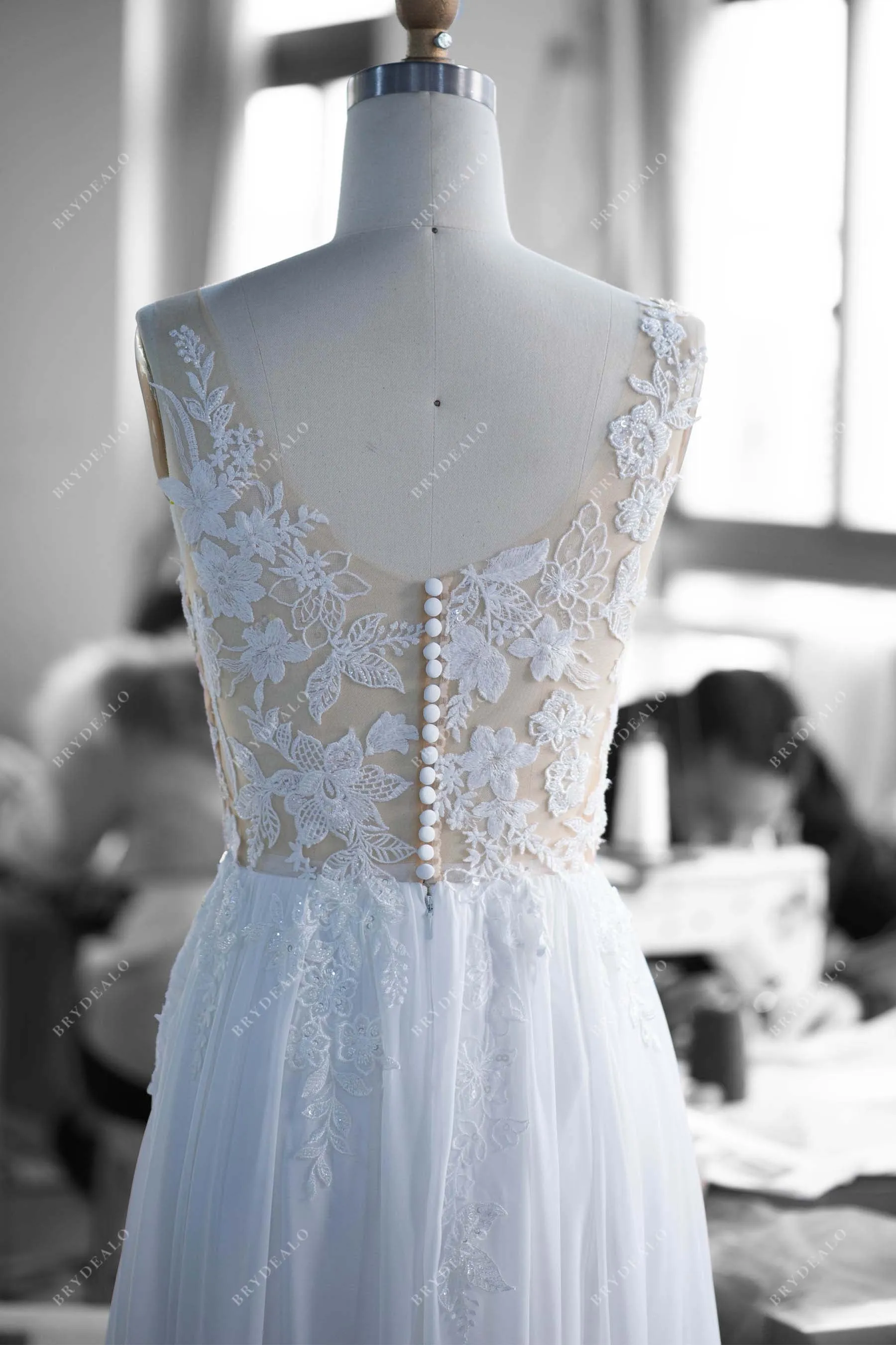 Sleeveless Beaded Illusion Neck Lace Chiffon Boho Bridal Dress