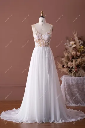 Sleeveless Beaded Illusion Neck Lace Chiffon Boho Bridal Dress