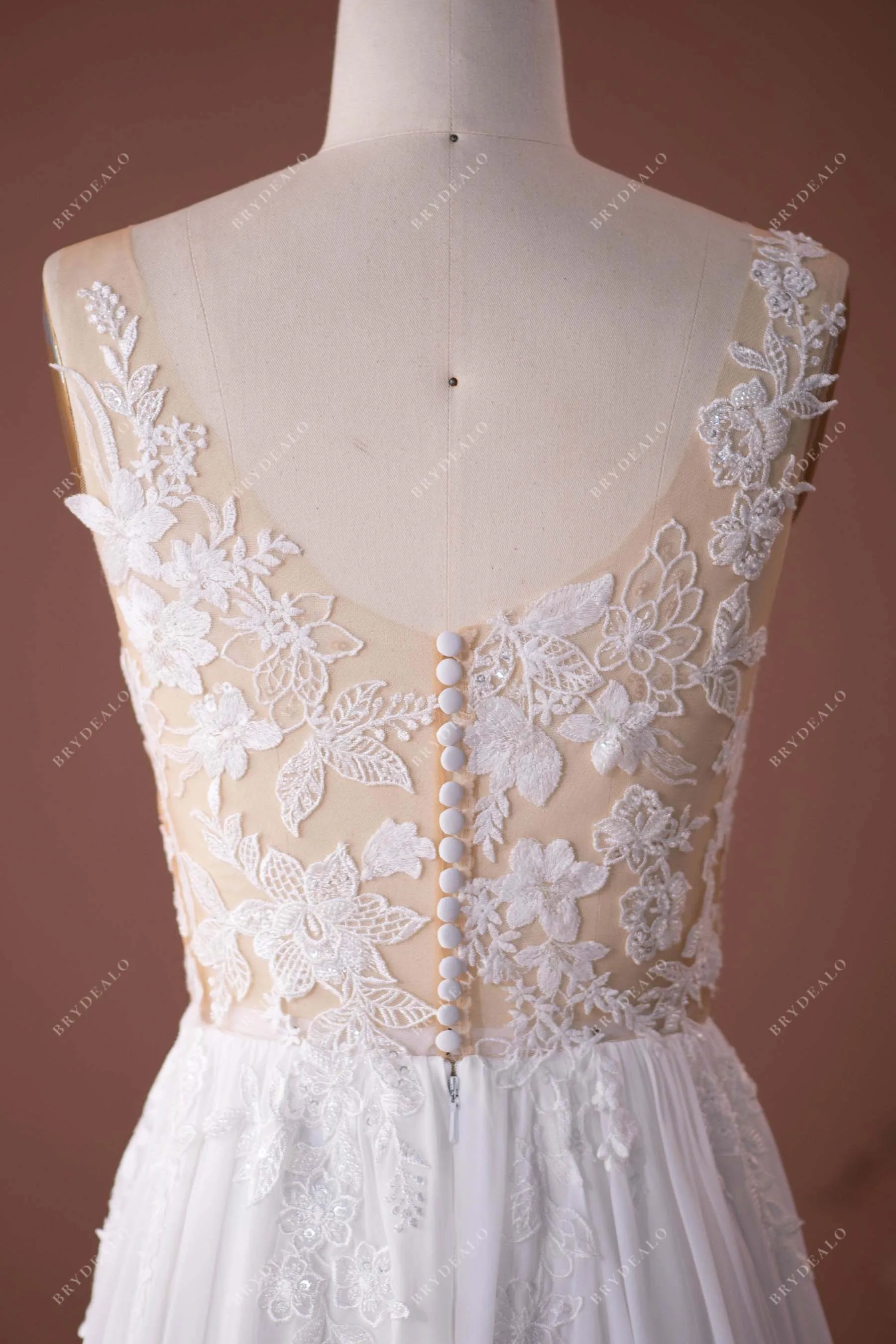 Sleeveless Beaded Illusion Neck Lace Chiffon Boho Bridal Dress