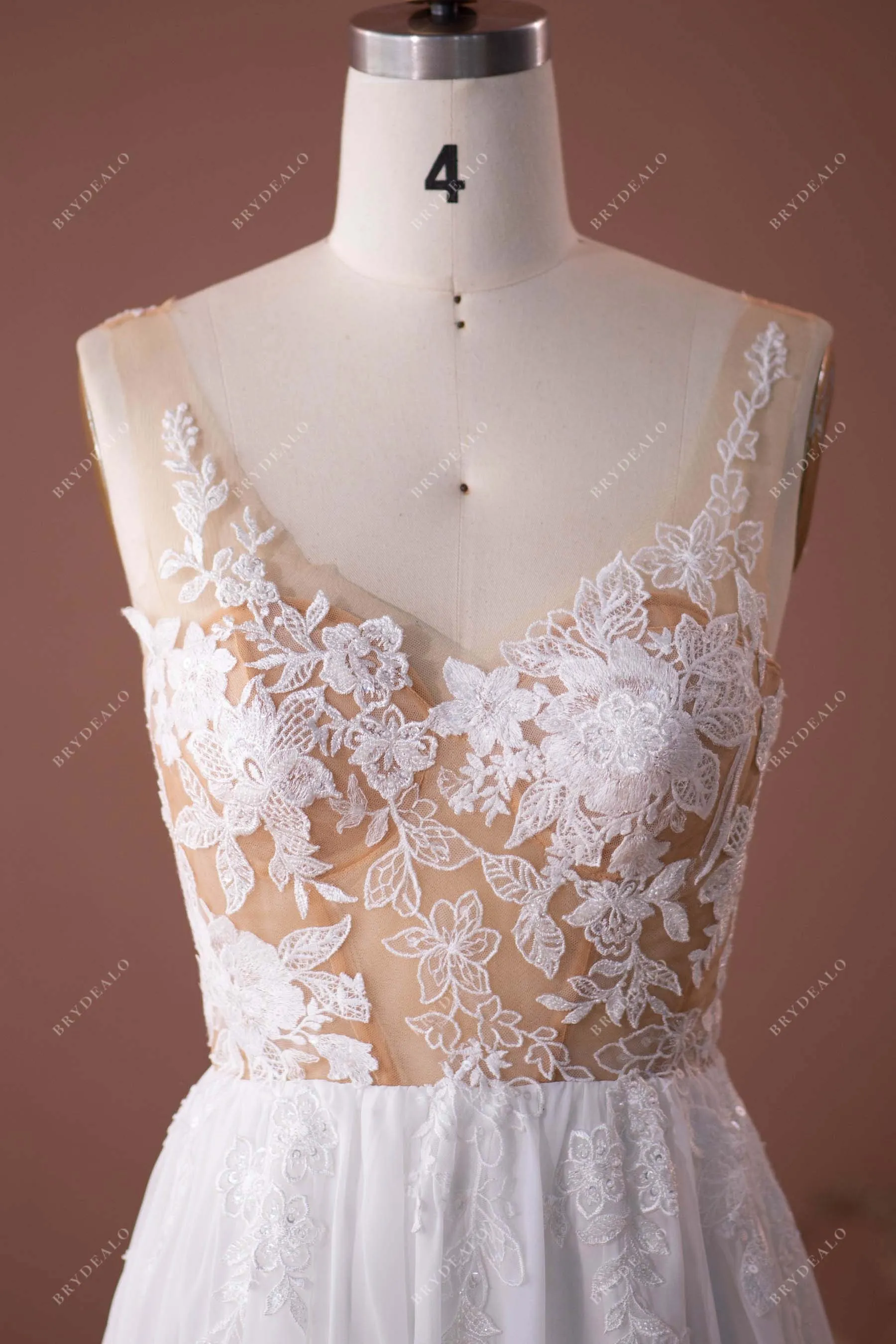 Sleeveless Beaded Illusion Neck Lace Chiffon Boho Bridal Dress