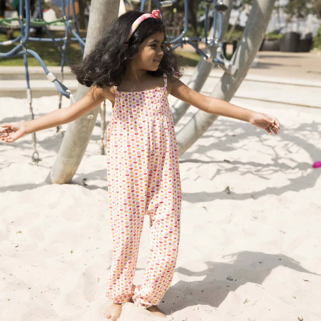 Smocked Jumpsuit - Indian Flora White