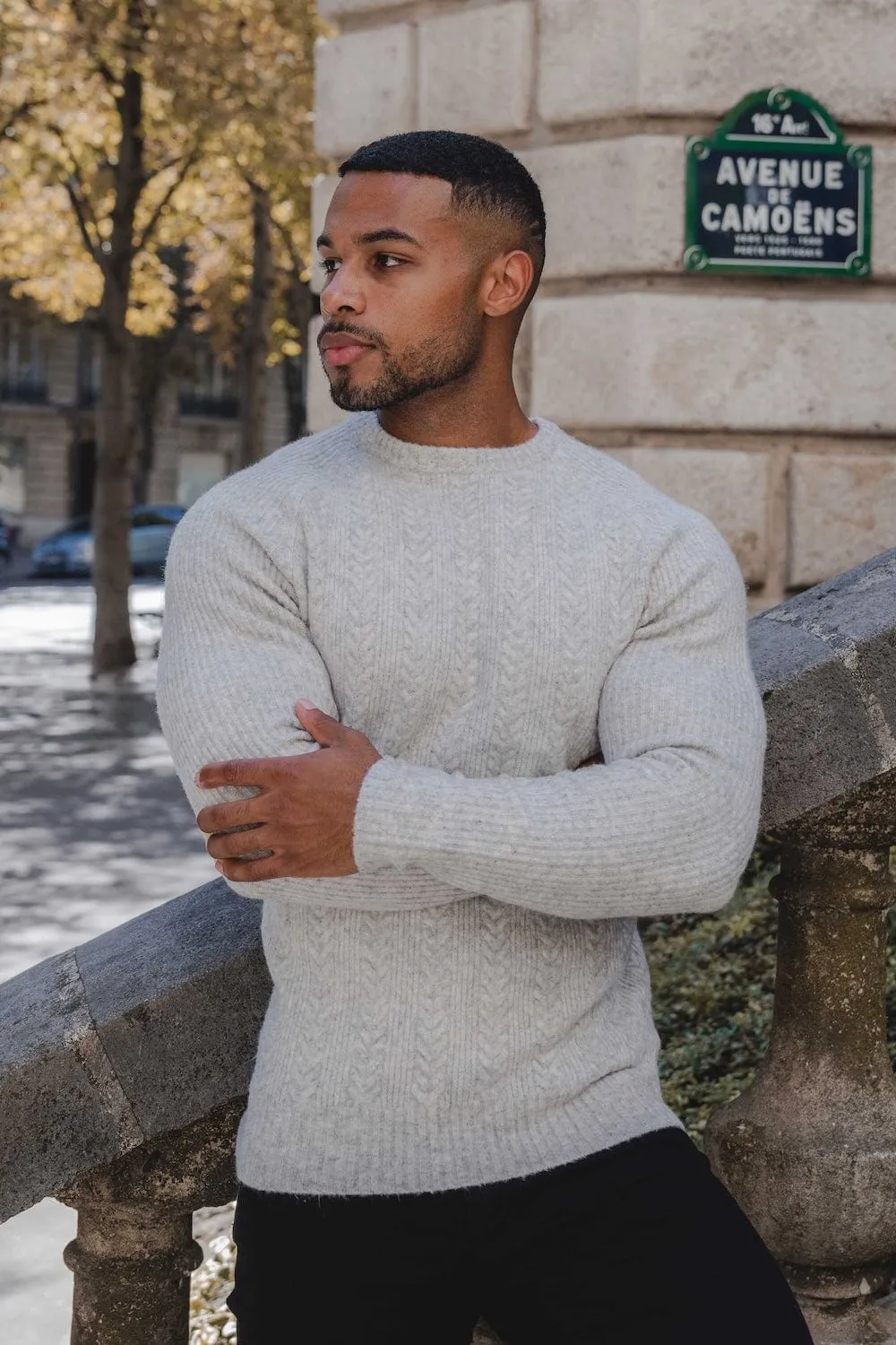 Soft Cable Crew Neck in Pale Grey Marl