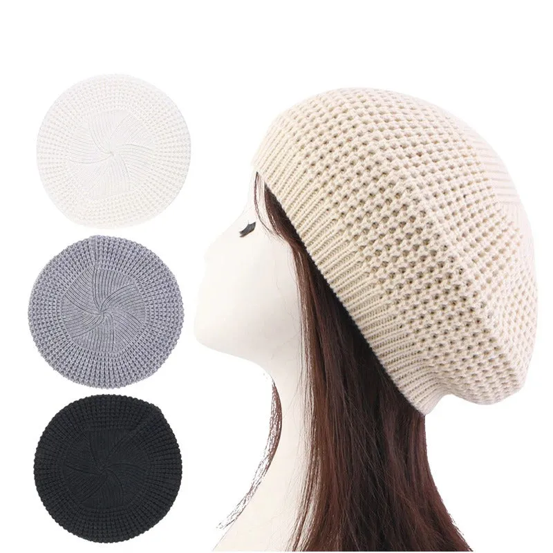 Solid Color Hollow and Knitted Beret Hats for All Seasons