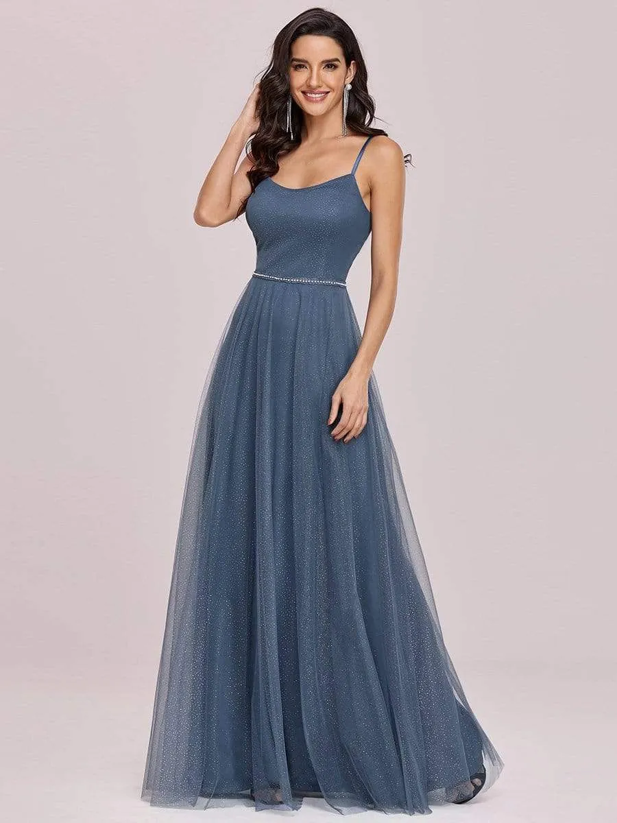 Spaghetti Strap Floor Length Tulle Evening Dress with Gold Stamping