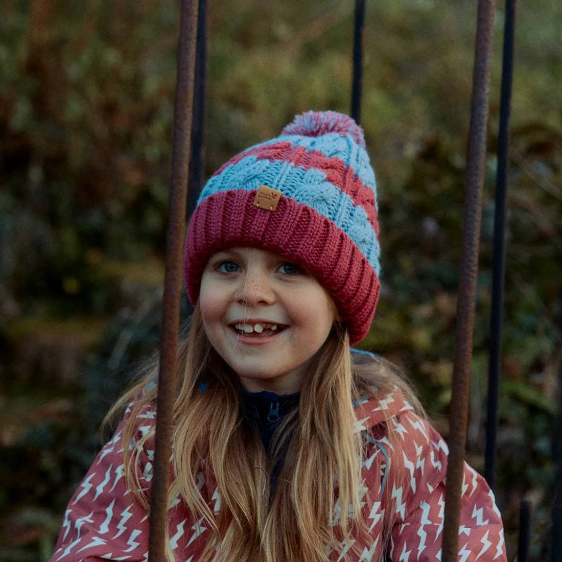 Striped Cable Bobble Hat Pink