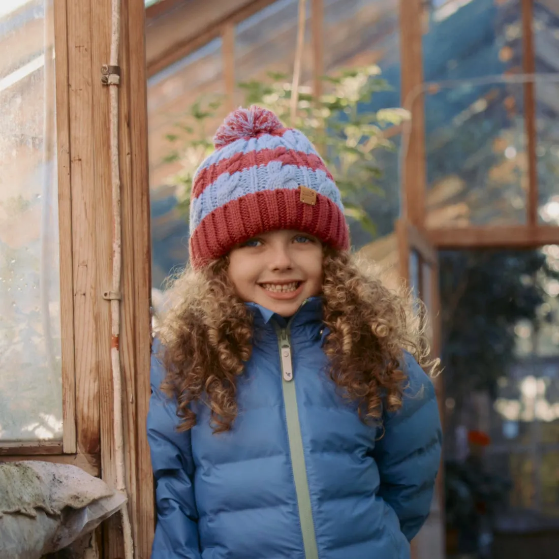 Striped Cable Bobble Hat Pink