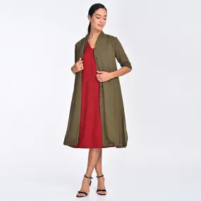 Tencel Co Ord Set For Women | Shirt & Dress | Draped Neck | Maroon & Olive