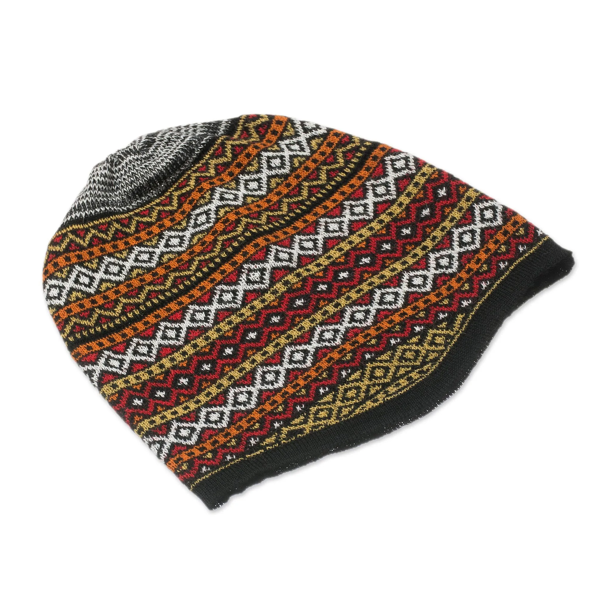 White and Multicolored Alpaca Blend Knit Hat from Peru - Bright Diamonds | NOVICA