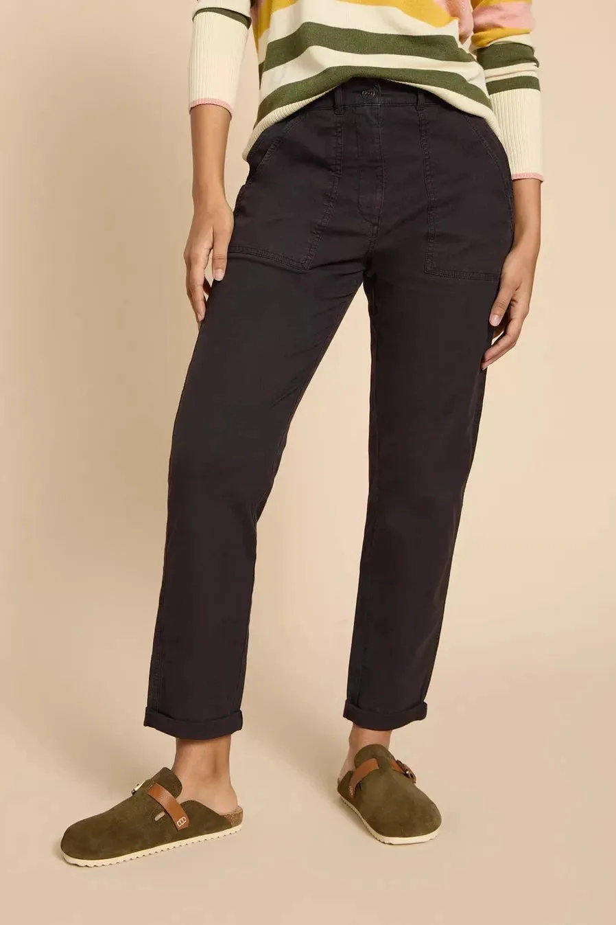 White Stuff Twister Organic Chino Trousers in Pure Black