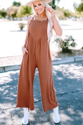 Women Buttoned Straps Ruched Wide Leg Jumpsuit