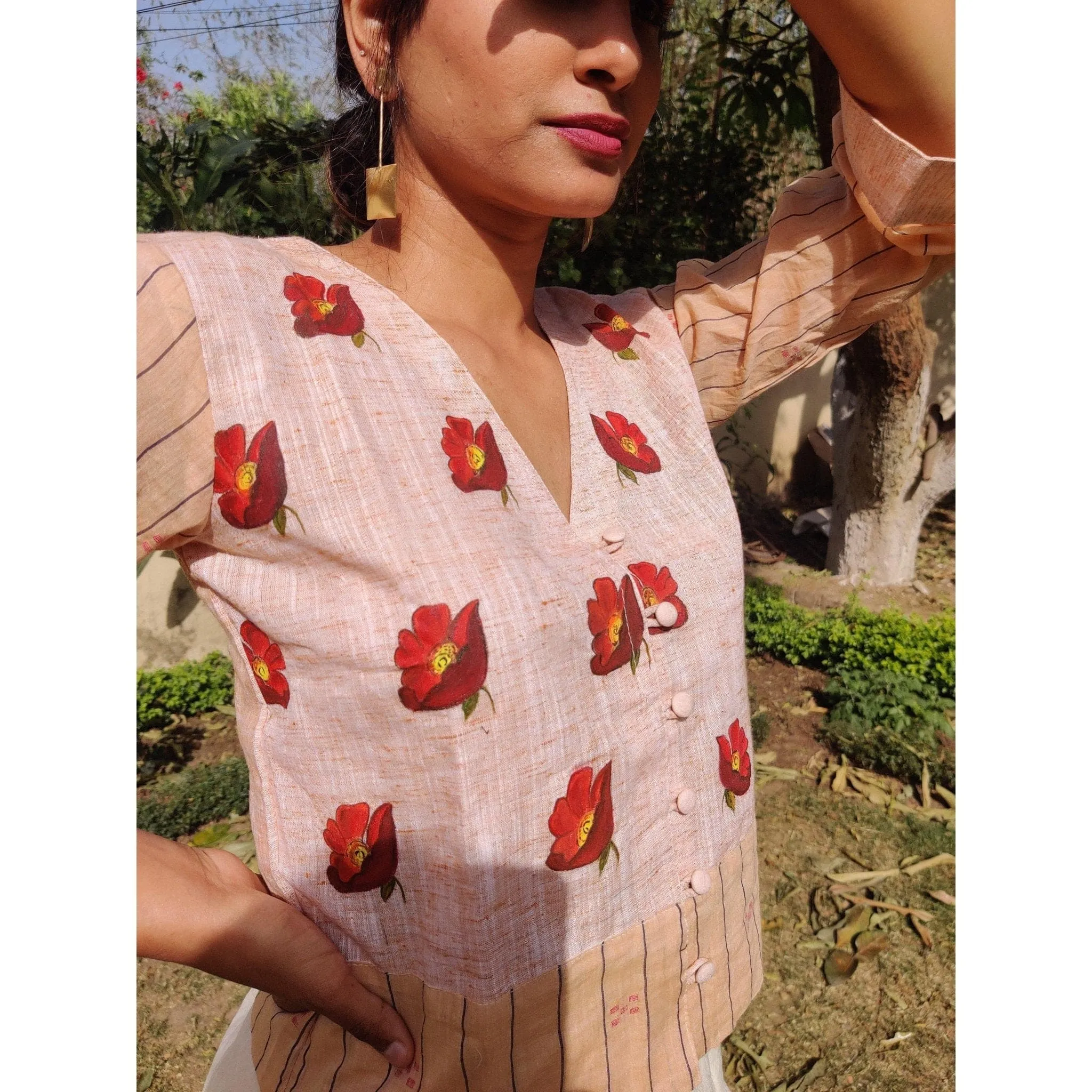 Women Handpainted Floral Beige Top