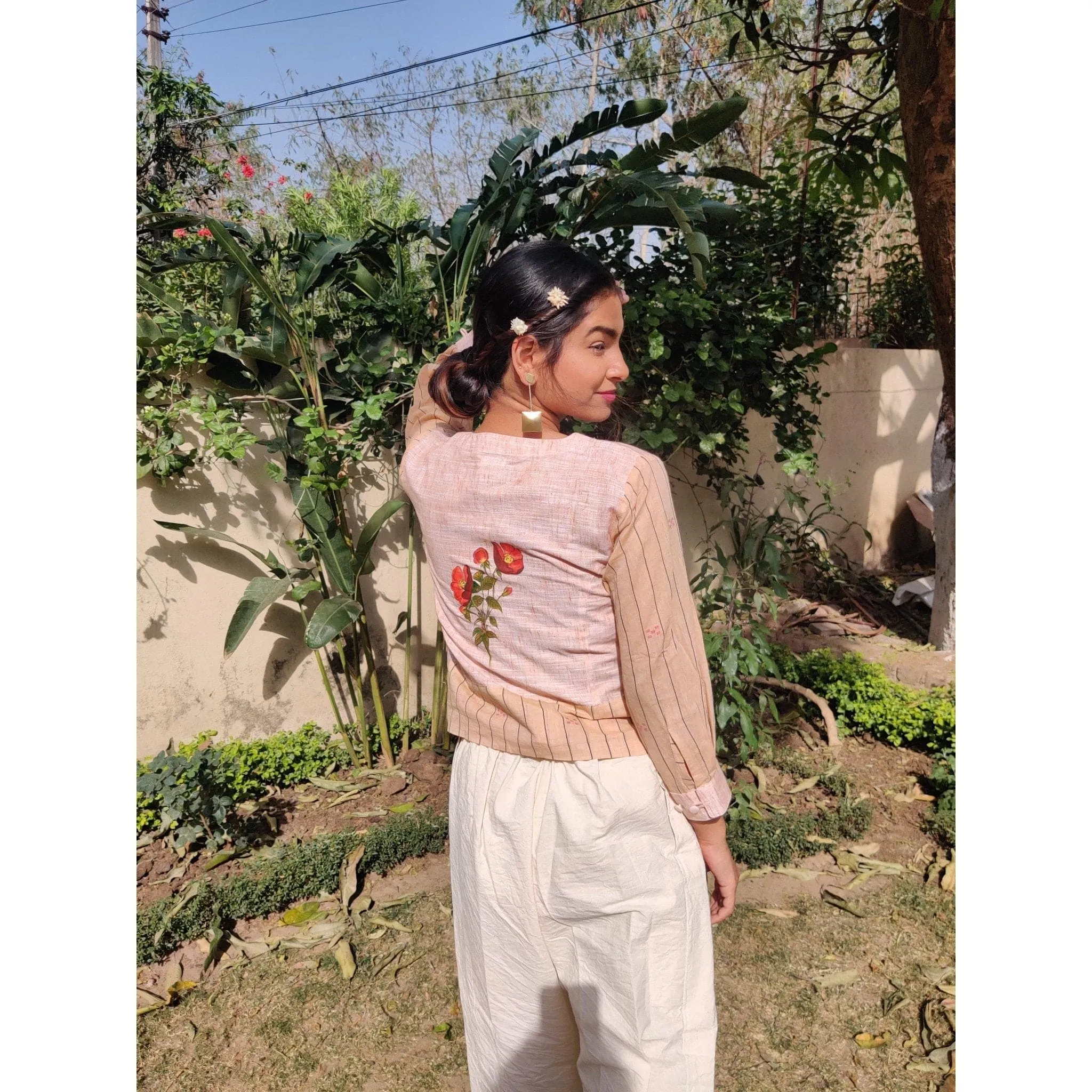 Women Handpainted Floral Beige Top