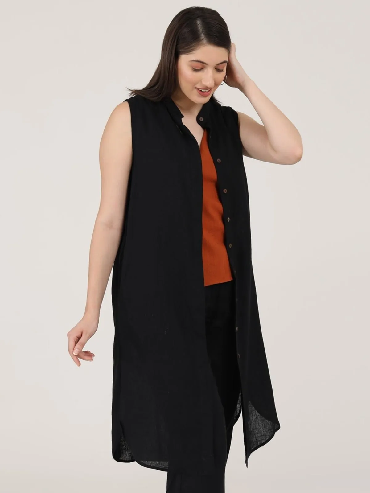 Women Linen Solid Mandarin Collar Long Shirt Tunic