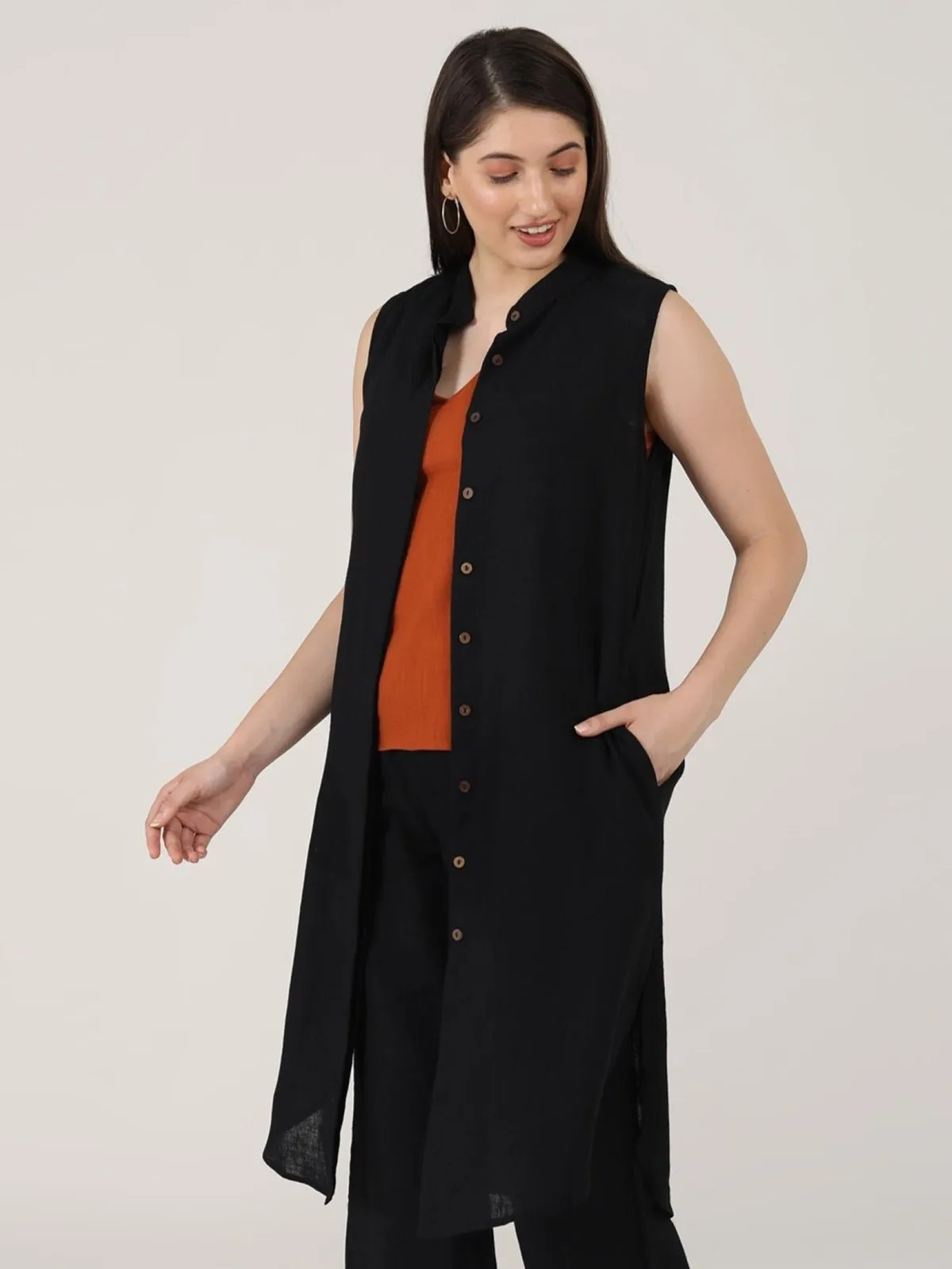 Women Linen Solid Mandarin Collar Long Shirt Tunic