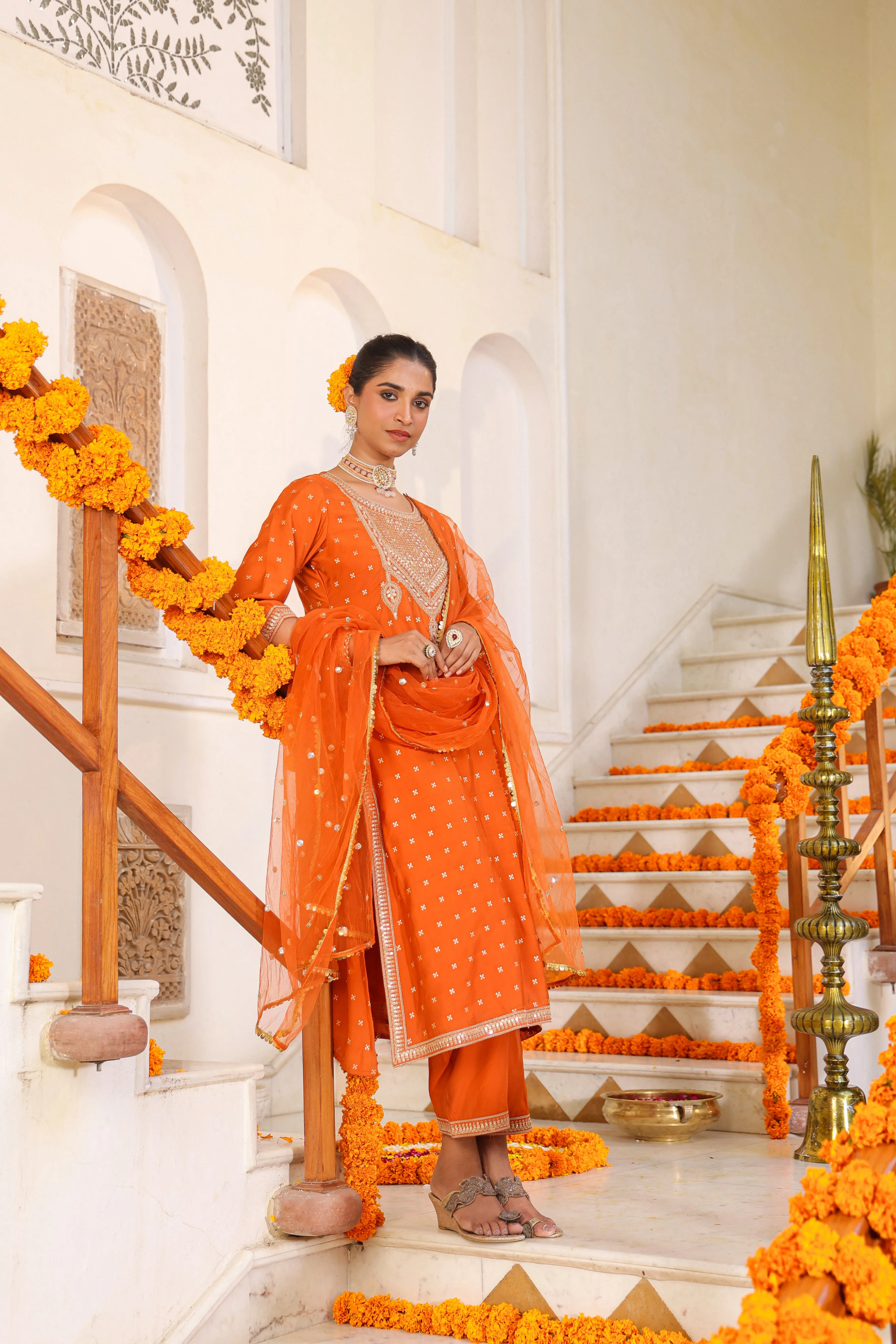 Women Orange Chanderi Embroidered Kurta, Palazzo & Dupatta Set