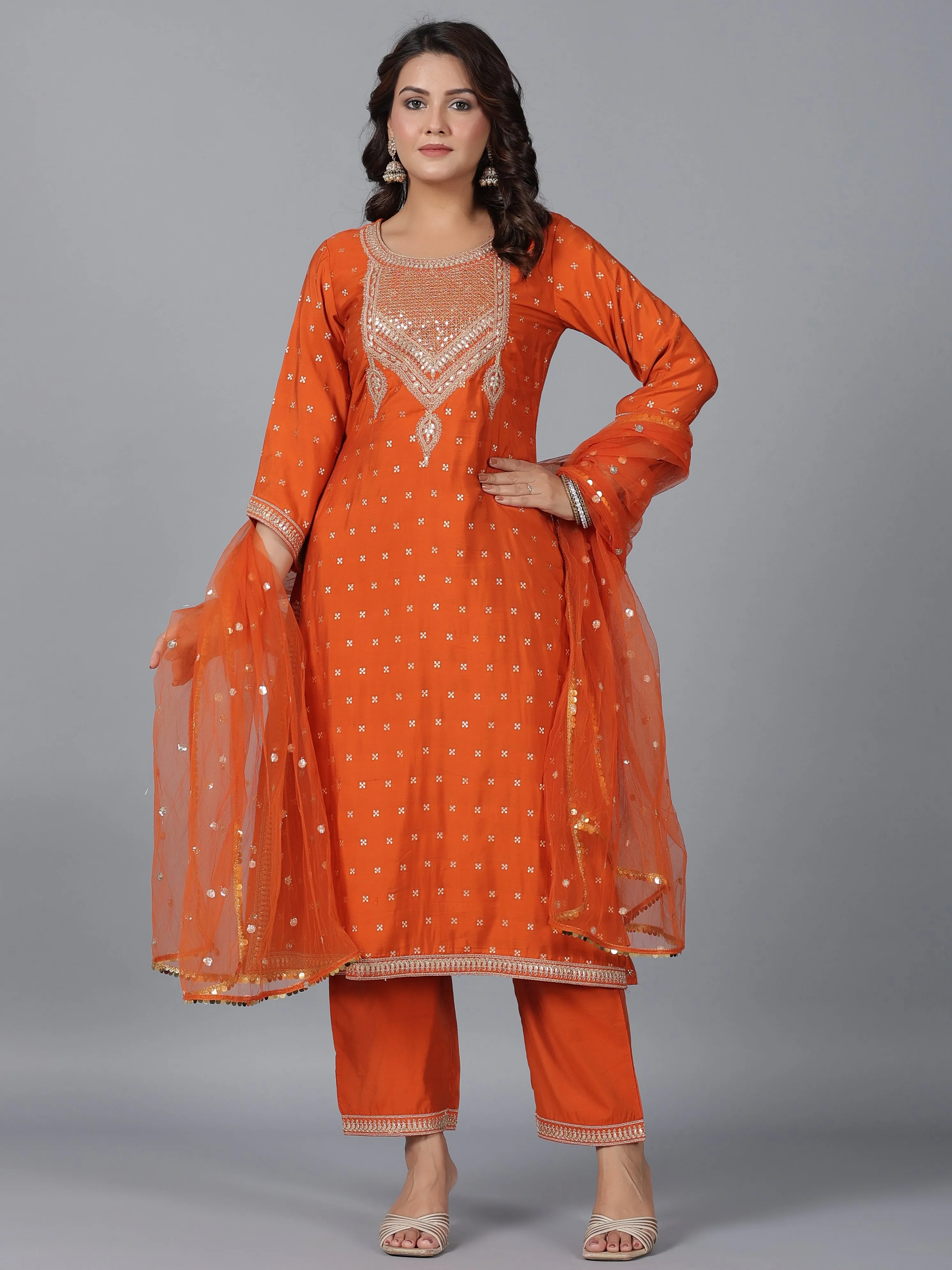 Women Orange Chanderi Embroidered Kurta, Palazzo & Dupatta Set