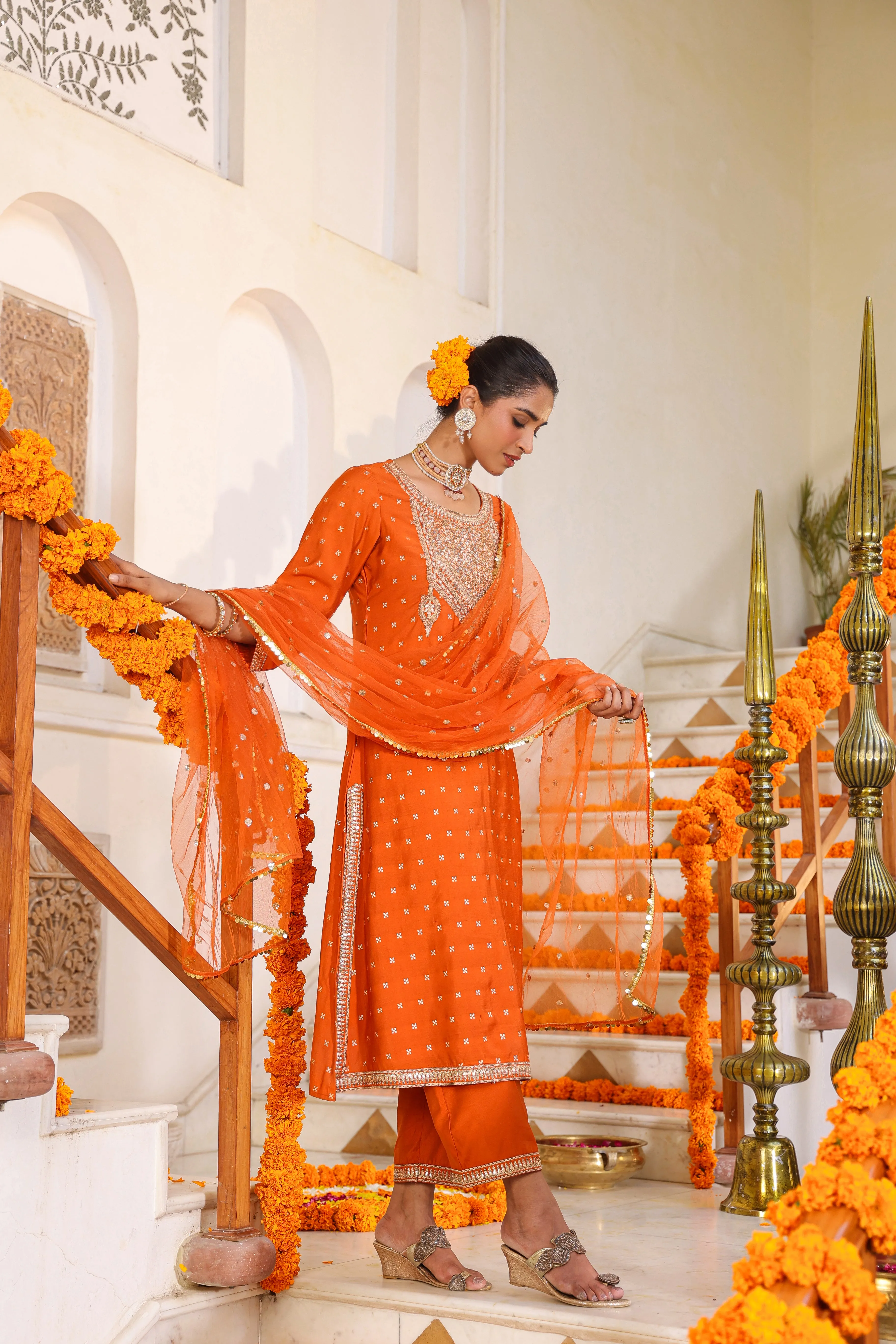 Women Orange Chanderi Embroidered Kurta, Palazzo & Dupatta Set