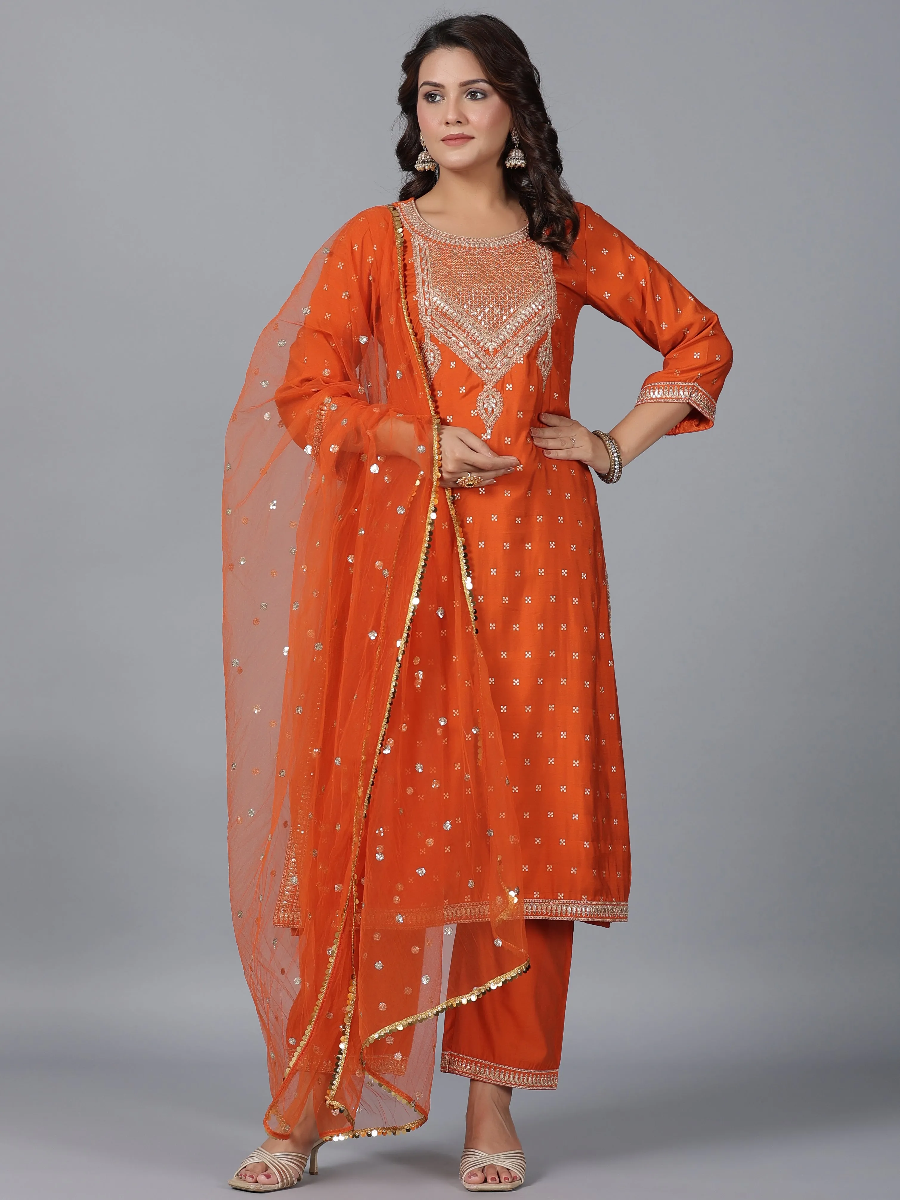 Women Orange Chanderi Embroidered Kurta, Palazzo & Dupatta Set