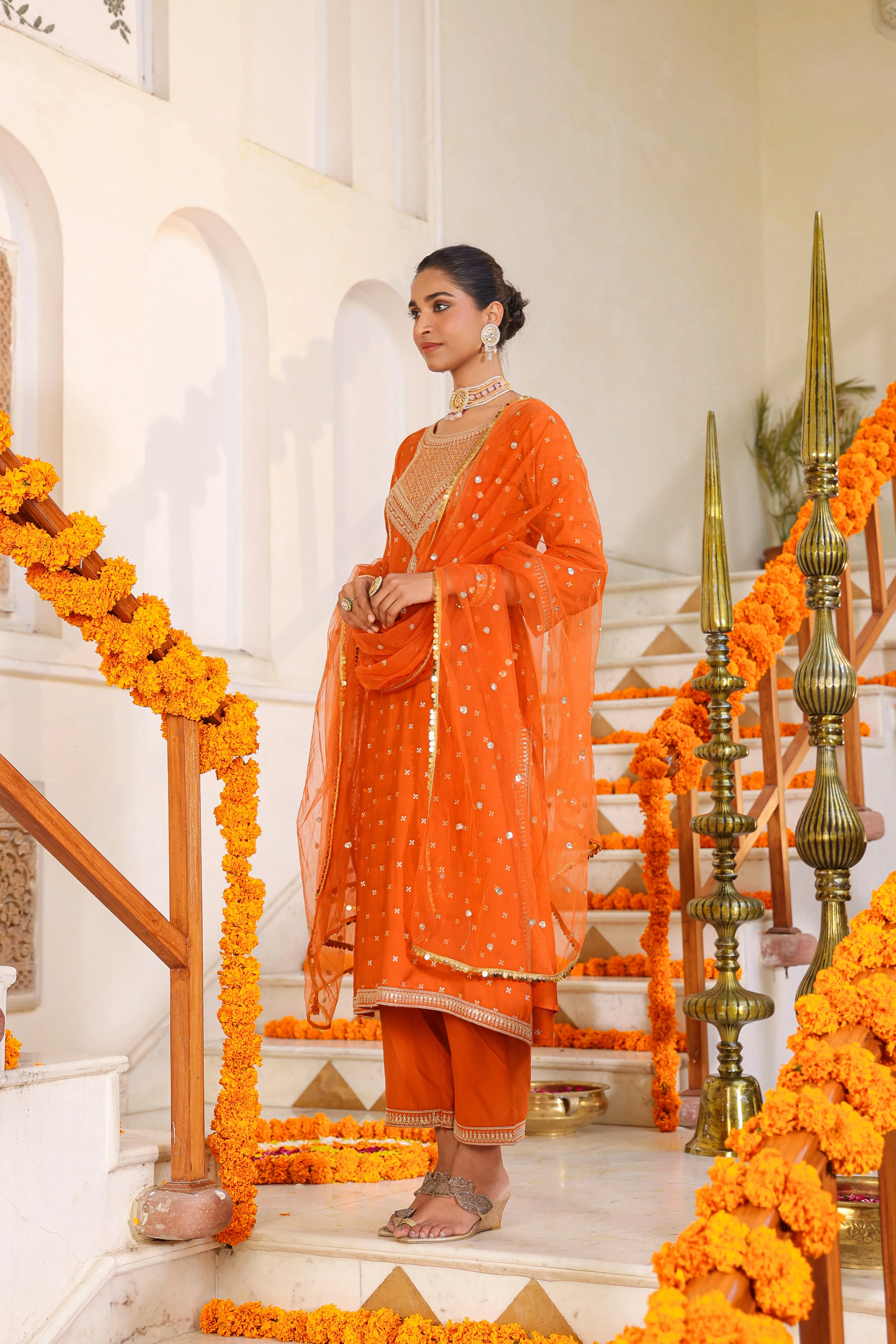 Women Orange Chanderi Embroidered Kurta, Palazzo & Dupatta Set