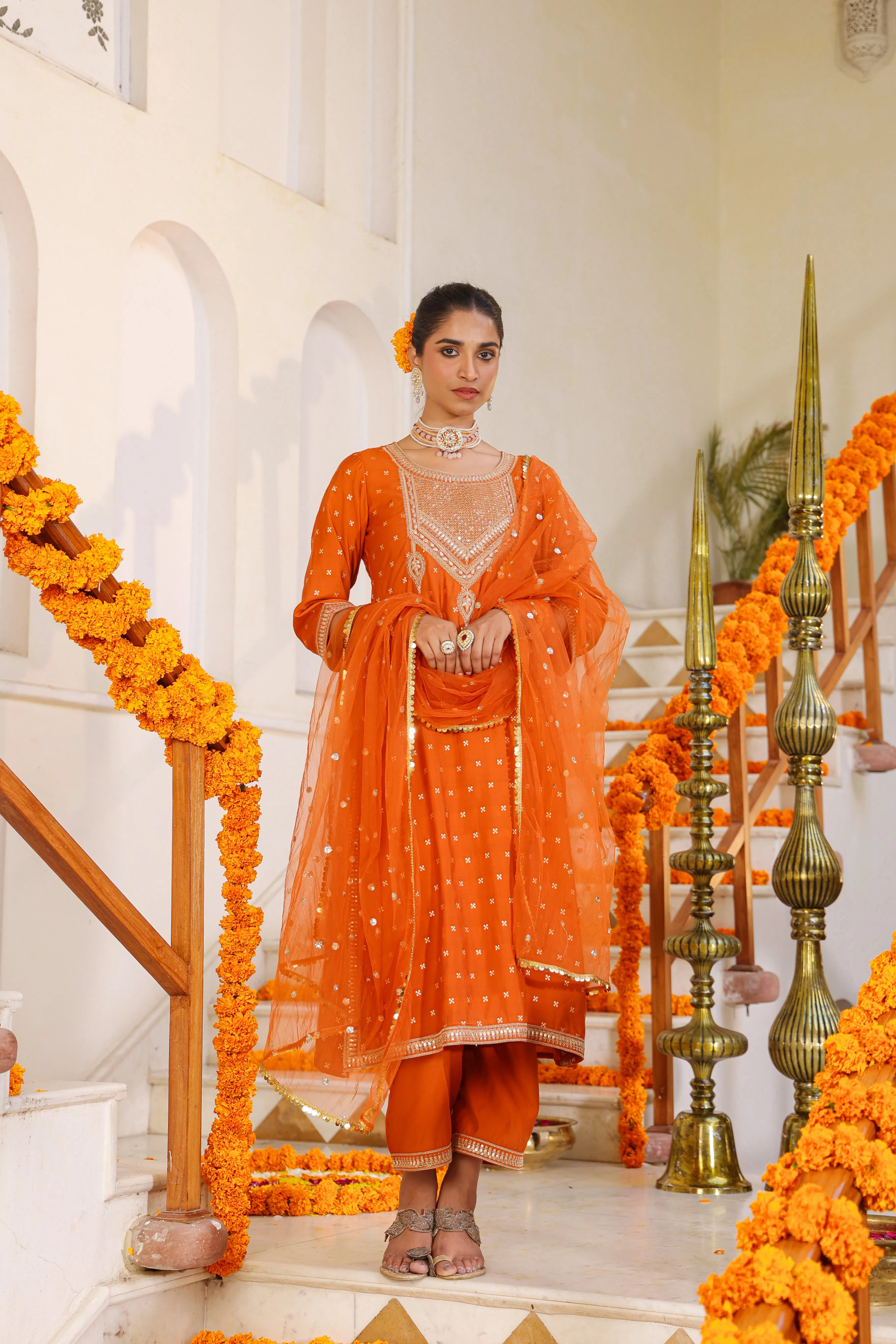 Women Orange Chanderi Embroidered Kurta, Palazzo & Dupatta Set