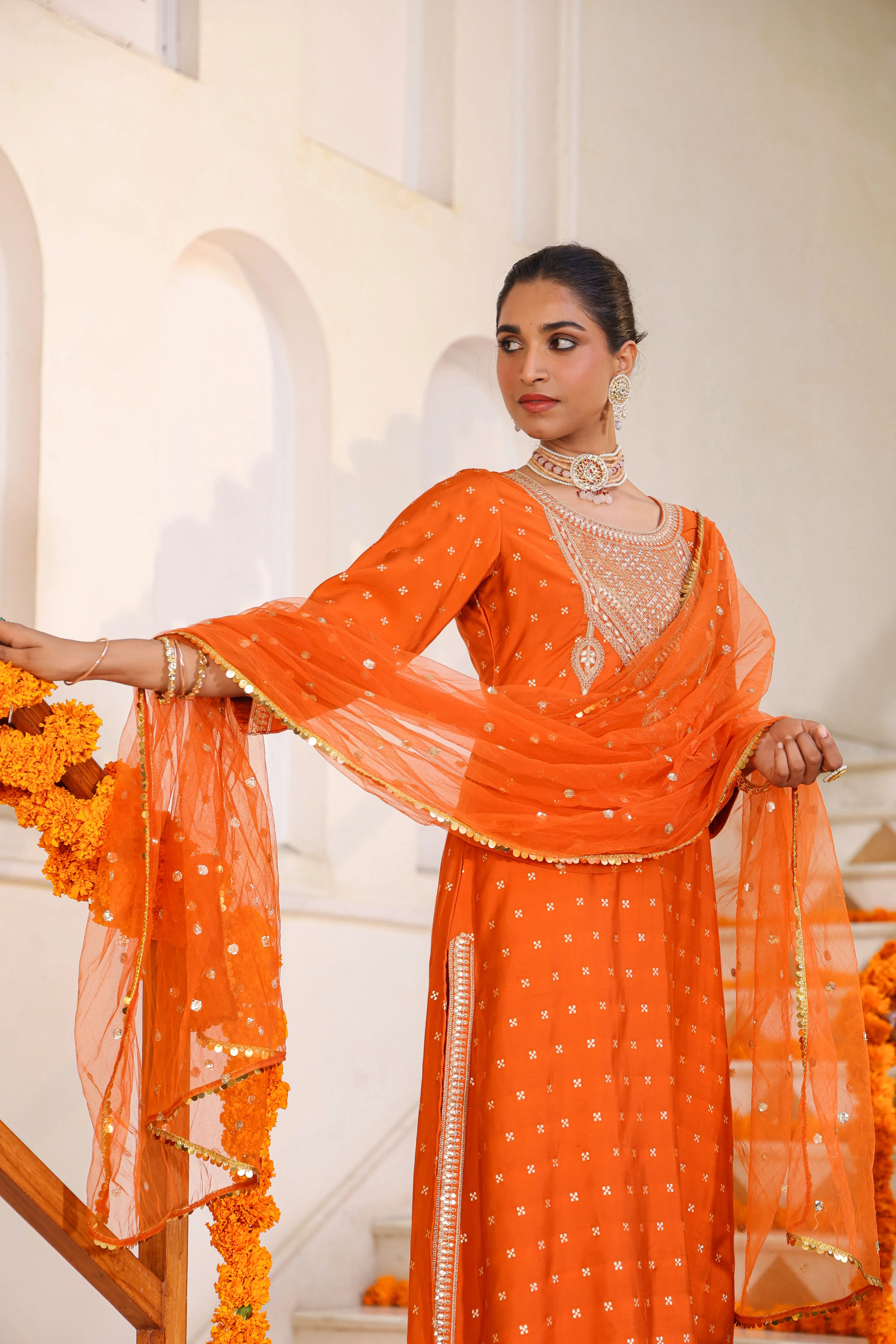 Women Orange Chanderi Embroidered Kurta, Palazzo & Dupatta Set