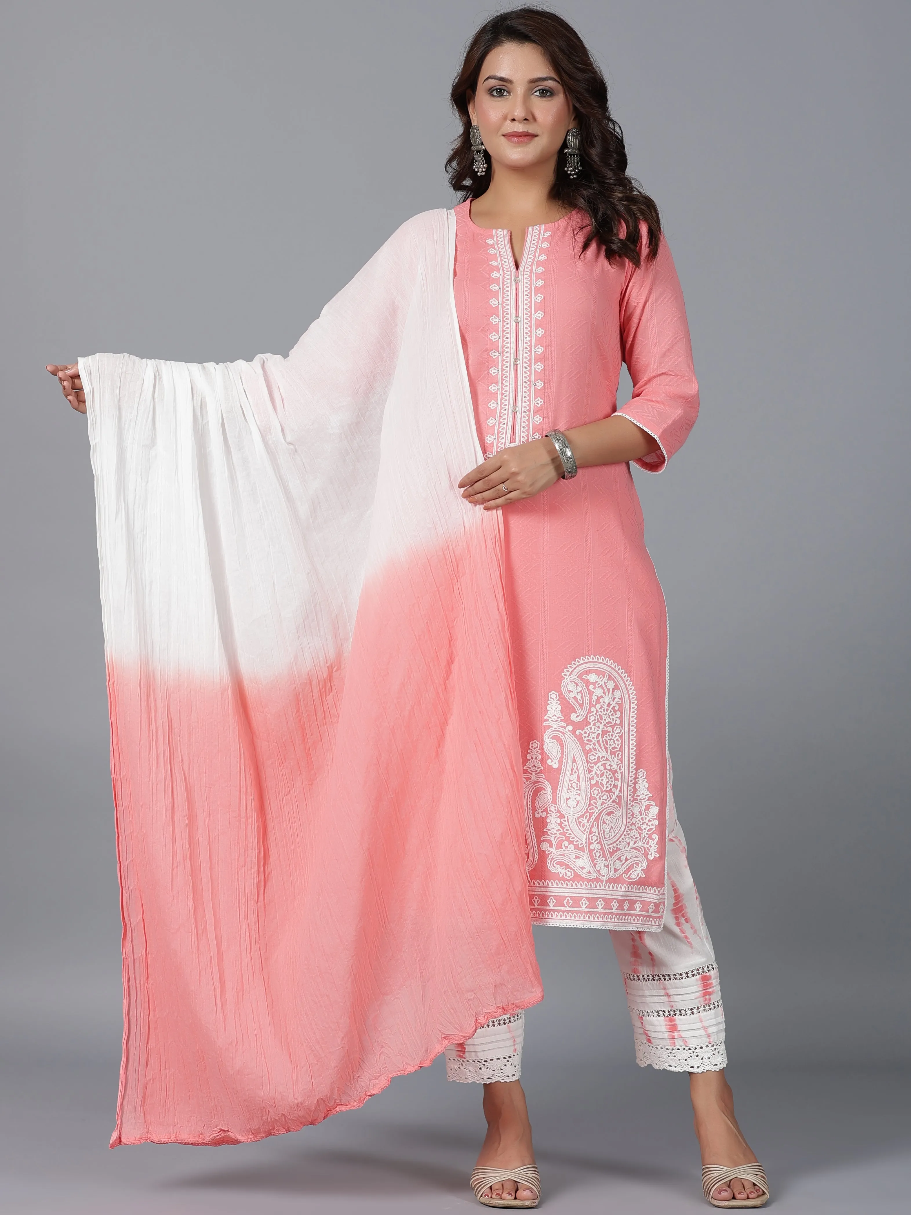 Women Peach Cotton Dobby Embroidered Kurta, Pants & Dupatta Set