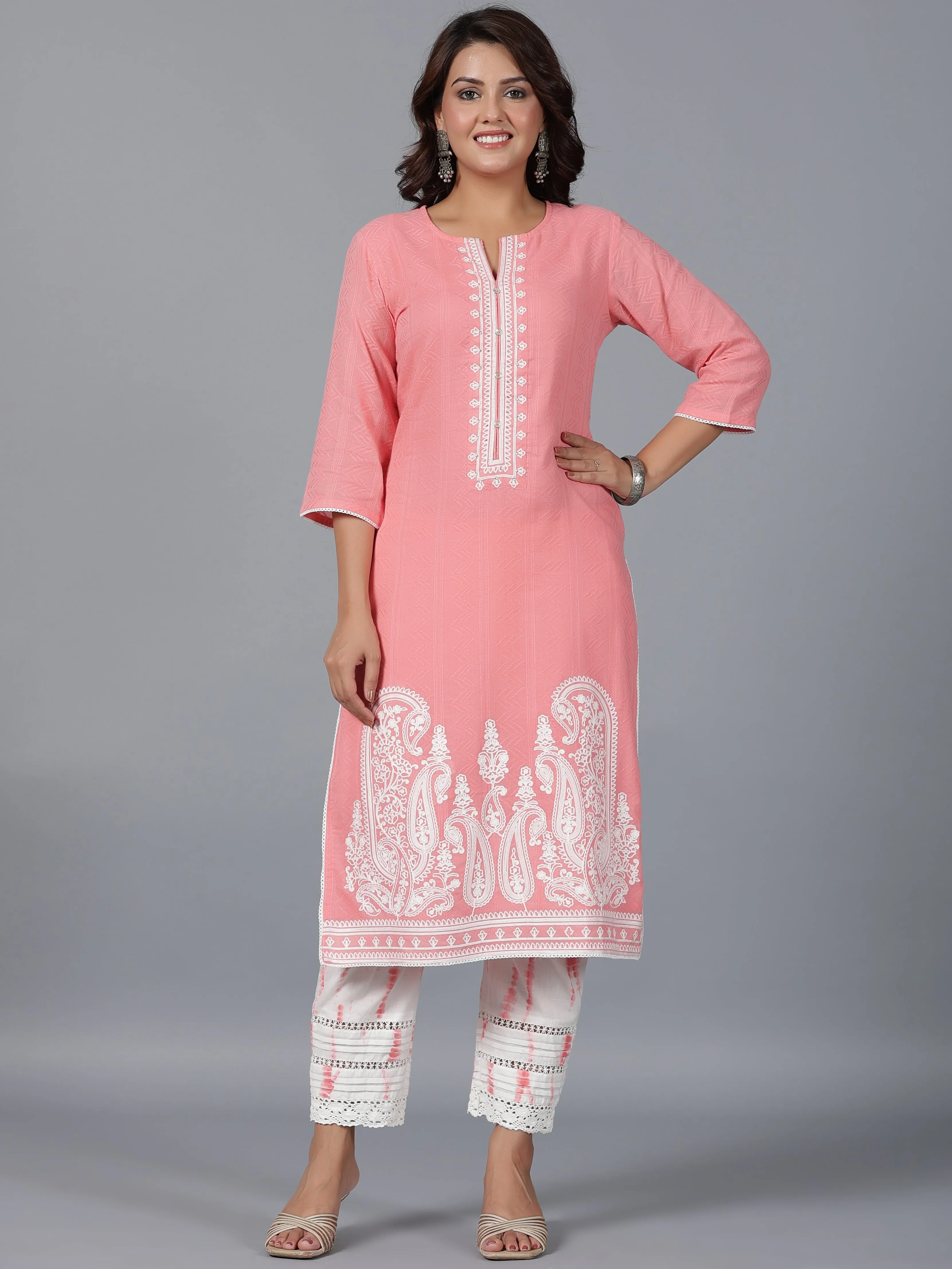 Women Peach Cotton Dobby Embroidered Kurta, Pants & Dupatta Set