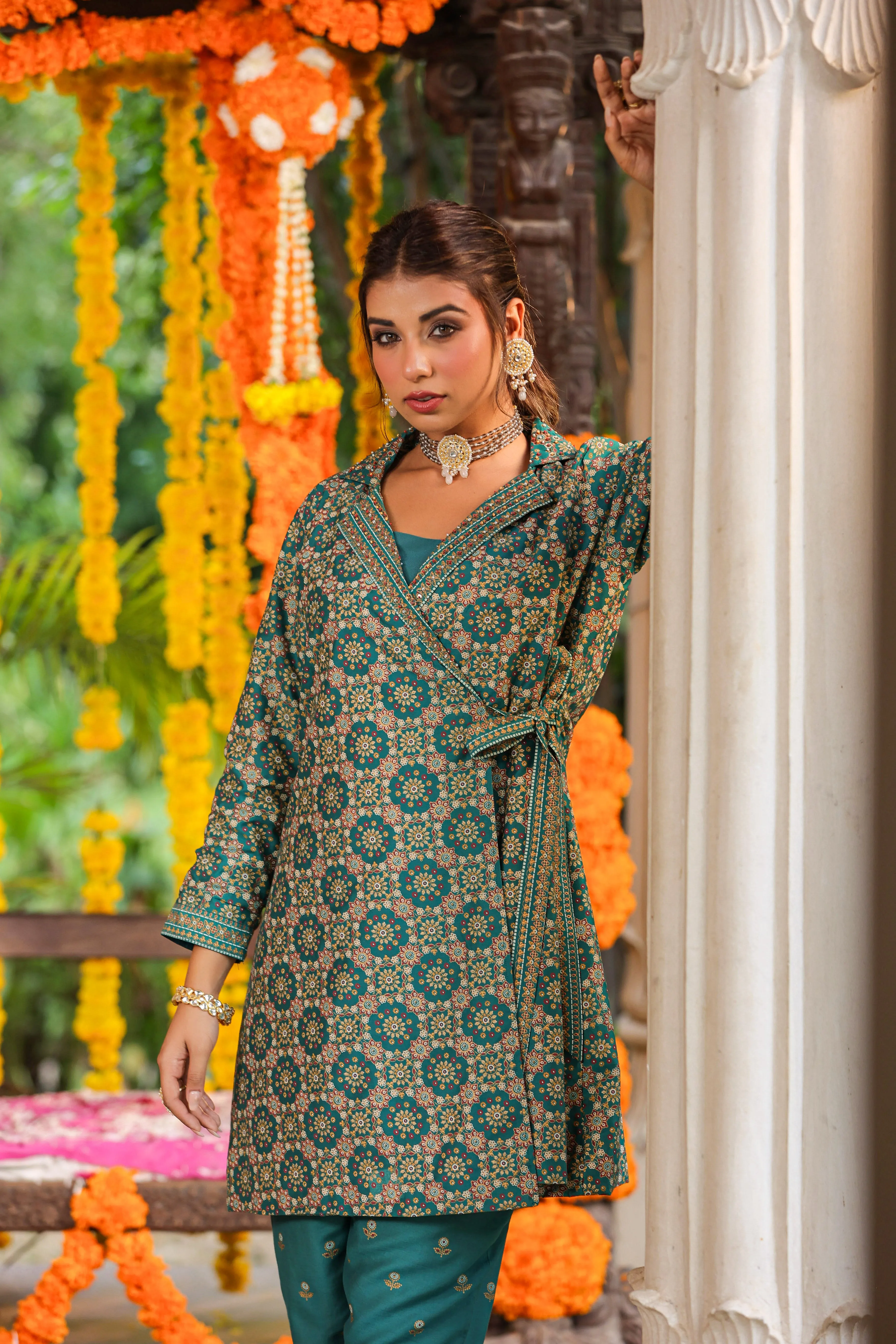 Women Teal Chanderi Printed Clothing Set