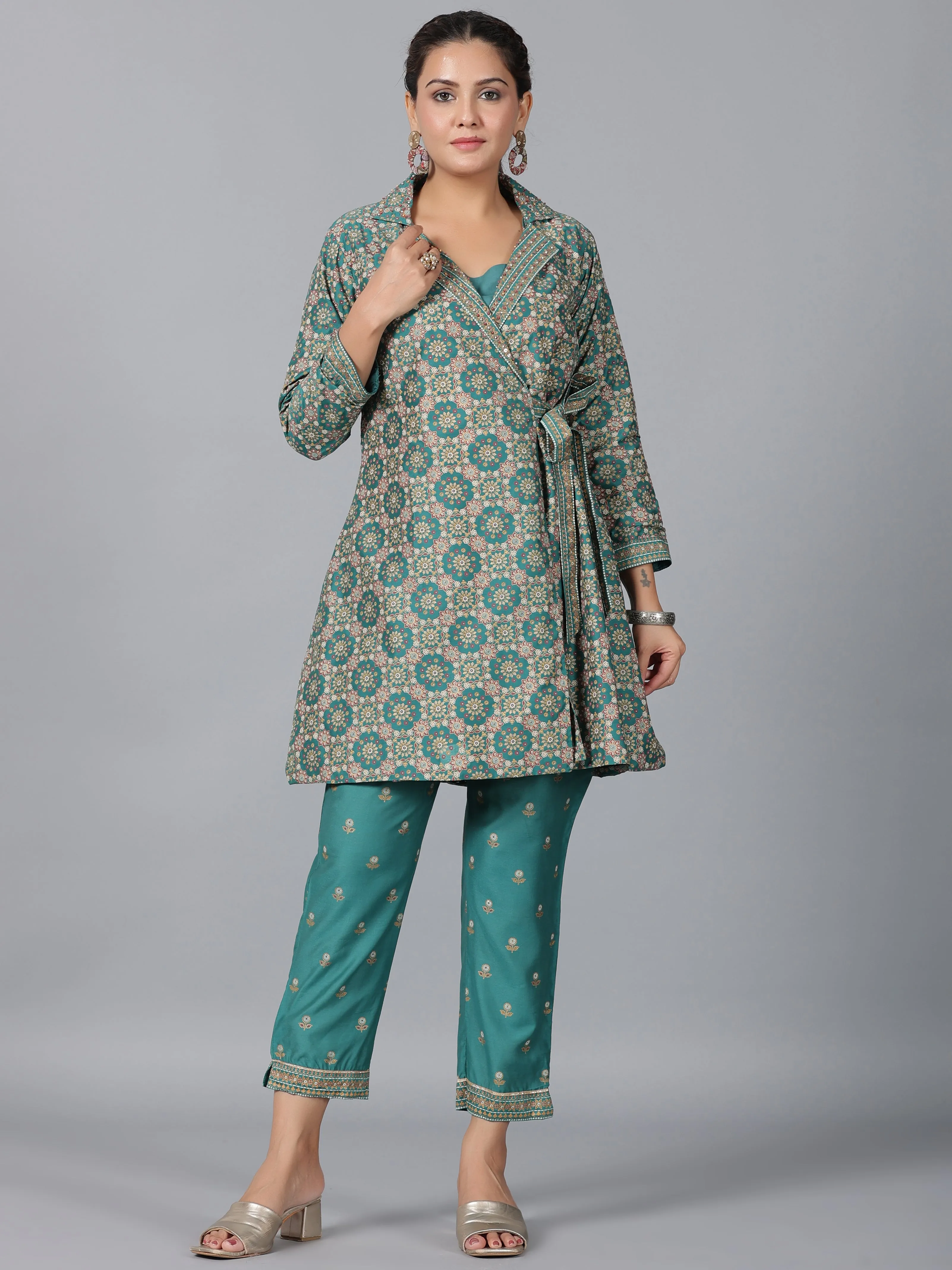 Women Teal Chanderi Printed Clothing Set