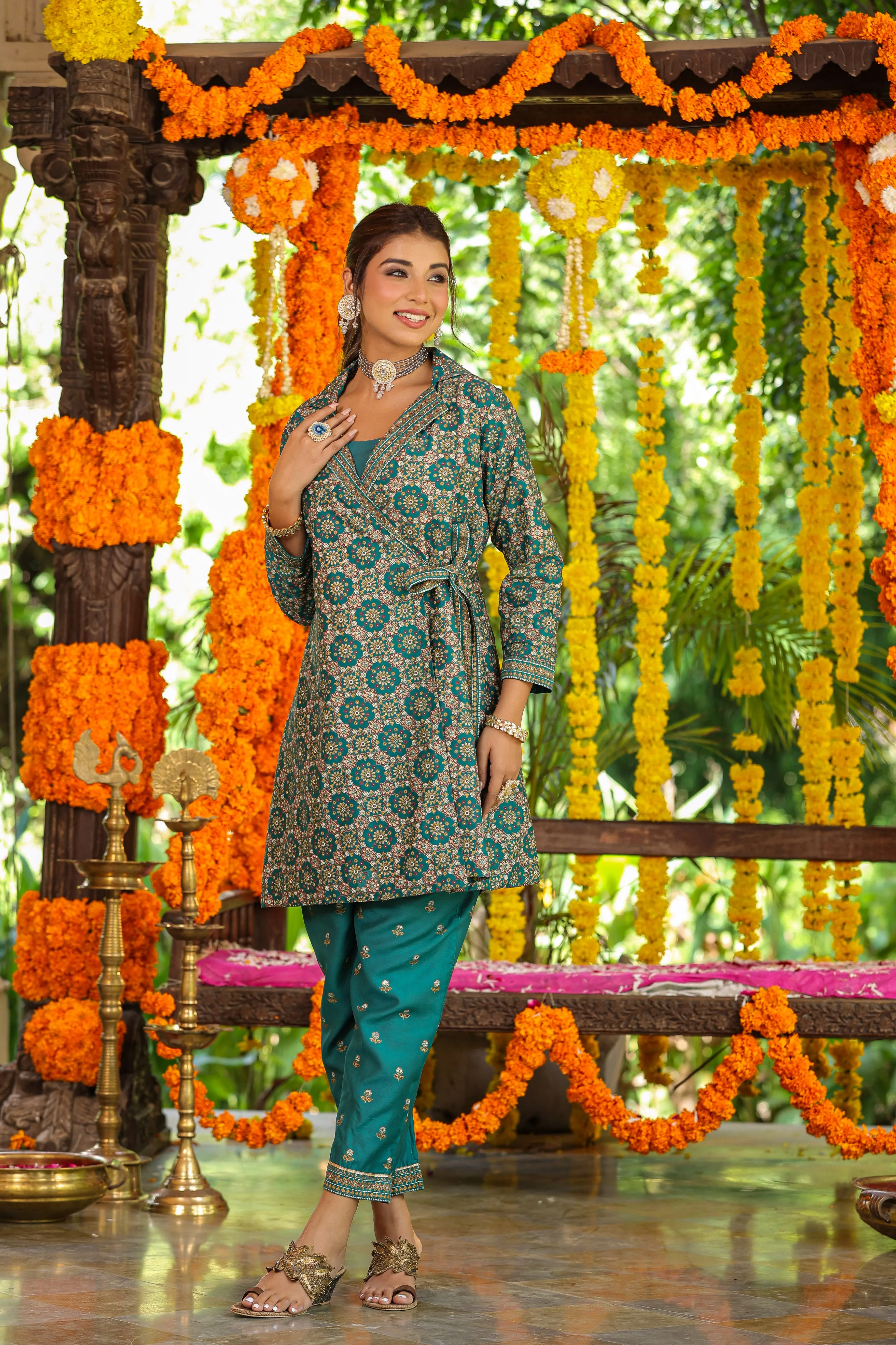 Women Teal Chanderi Printed Clothing Set