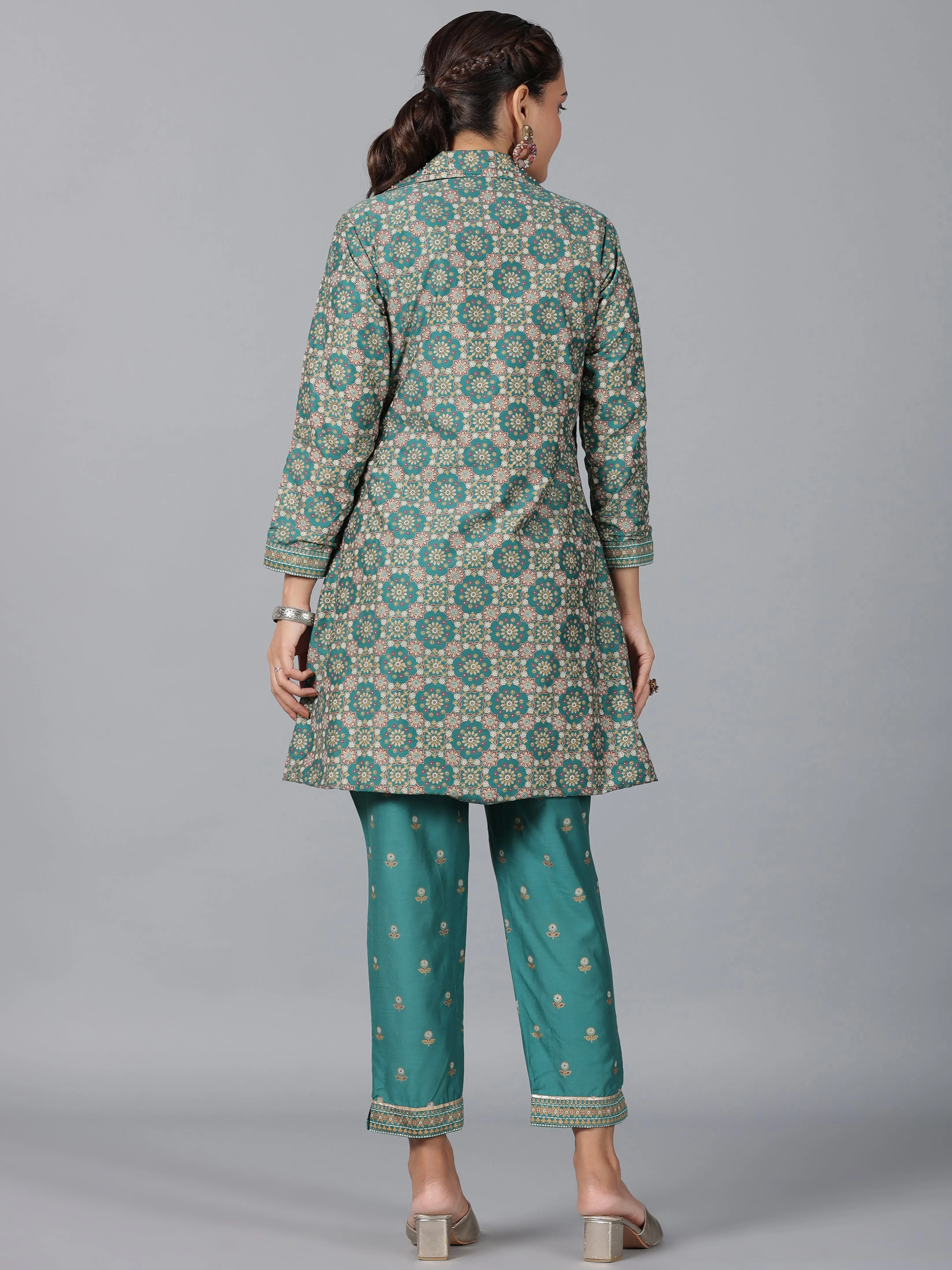 Women Teal Chanderi Printed Clothing Set